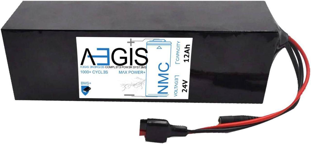 Aegis Battery 24V 12Ah Long Li-Ion Battery is a state of the art rechargeable battery pack made with 18650 Li-Ion cylindrical cells packed with black PVC shrink wrap.