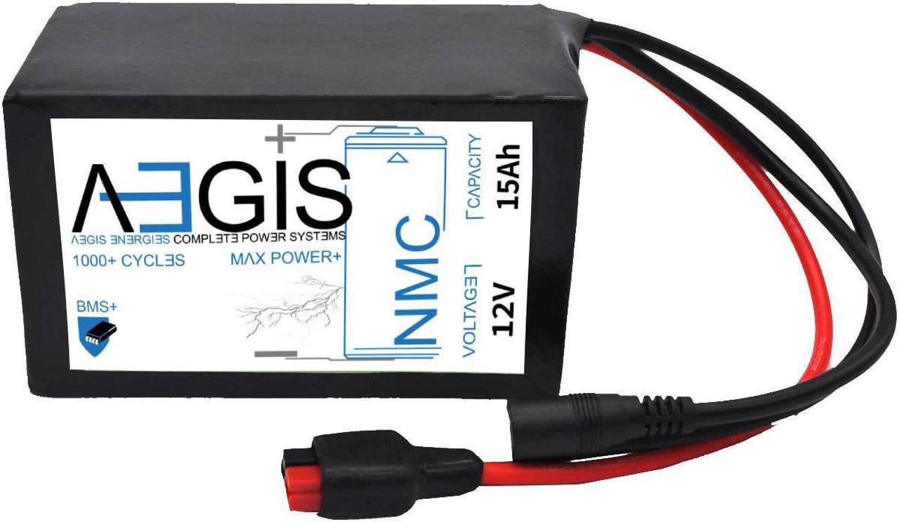 Aegis Battery 12V 15Ah Li-Ion Battery is a state of the art rechargeable battery pack made with 18650 Li-Ion cylindrical cells packed with black PVC shrink wrap.