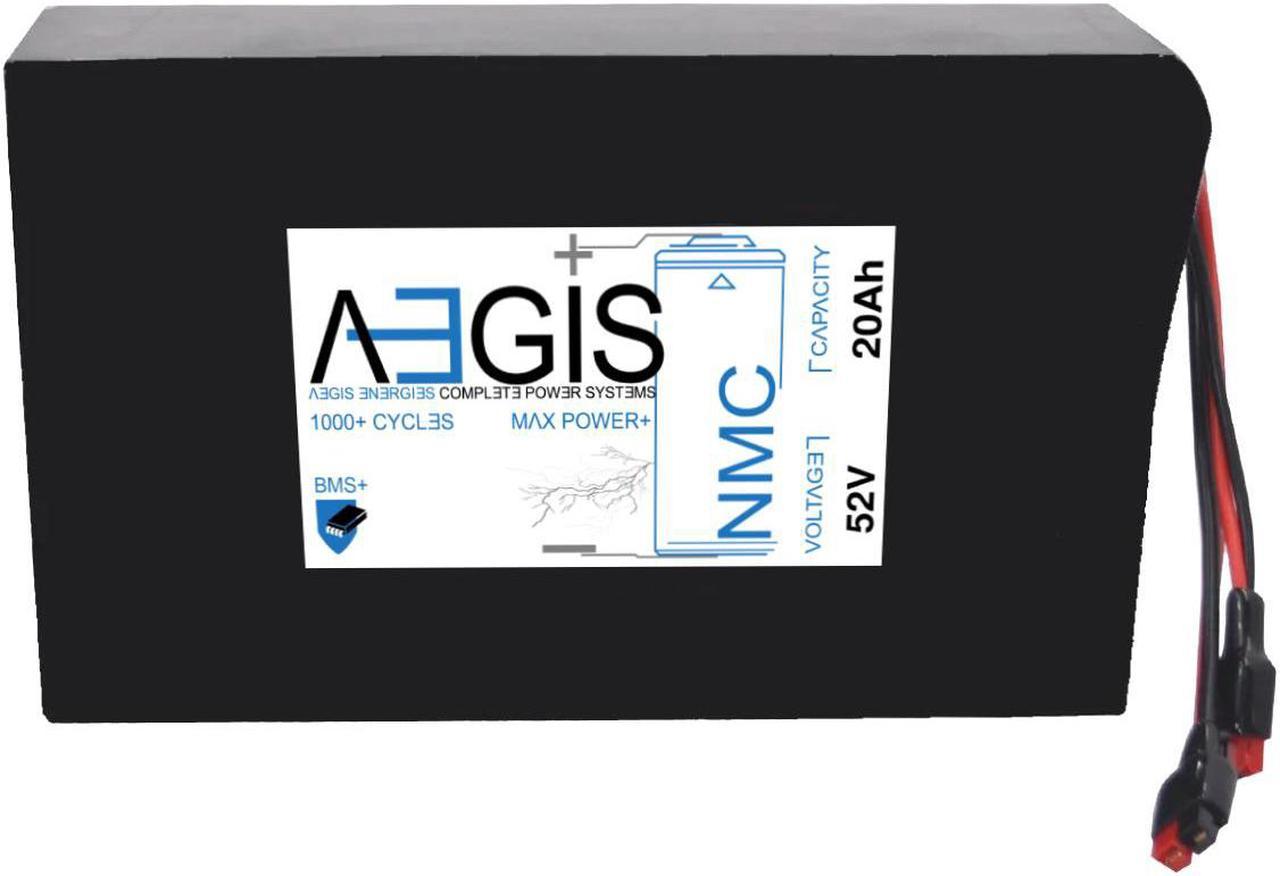 Aegis Battery 52V 20 Ah Li-ion is a state of the art rechargeable battery pack made with 18650 cells designed for 52V devices. Perfect for e-scooters, e-bikes, solar applications, robots, and more!