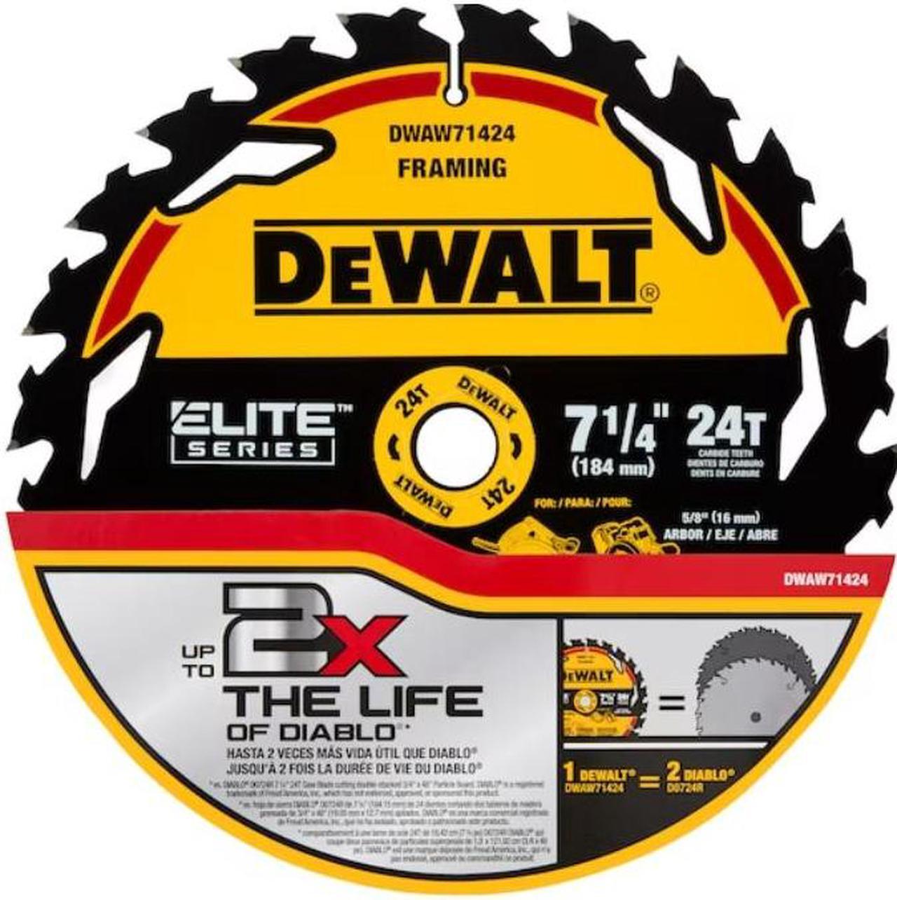 Main image of DEWALT ELITE SERIES 7-1/4-in 24-Tooth Rough Finish Tungsten Carbide-tipped Steel Circular Saw Blade Item #3728183 Model #DWAW71424