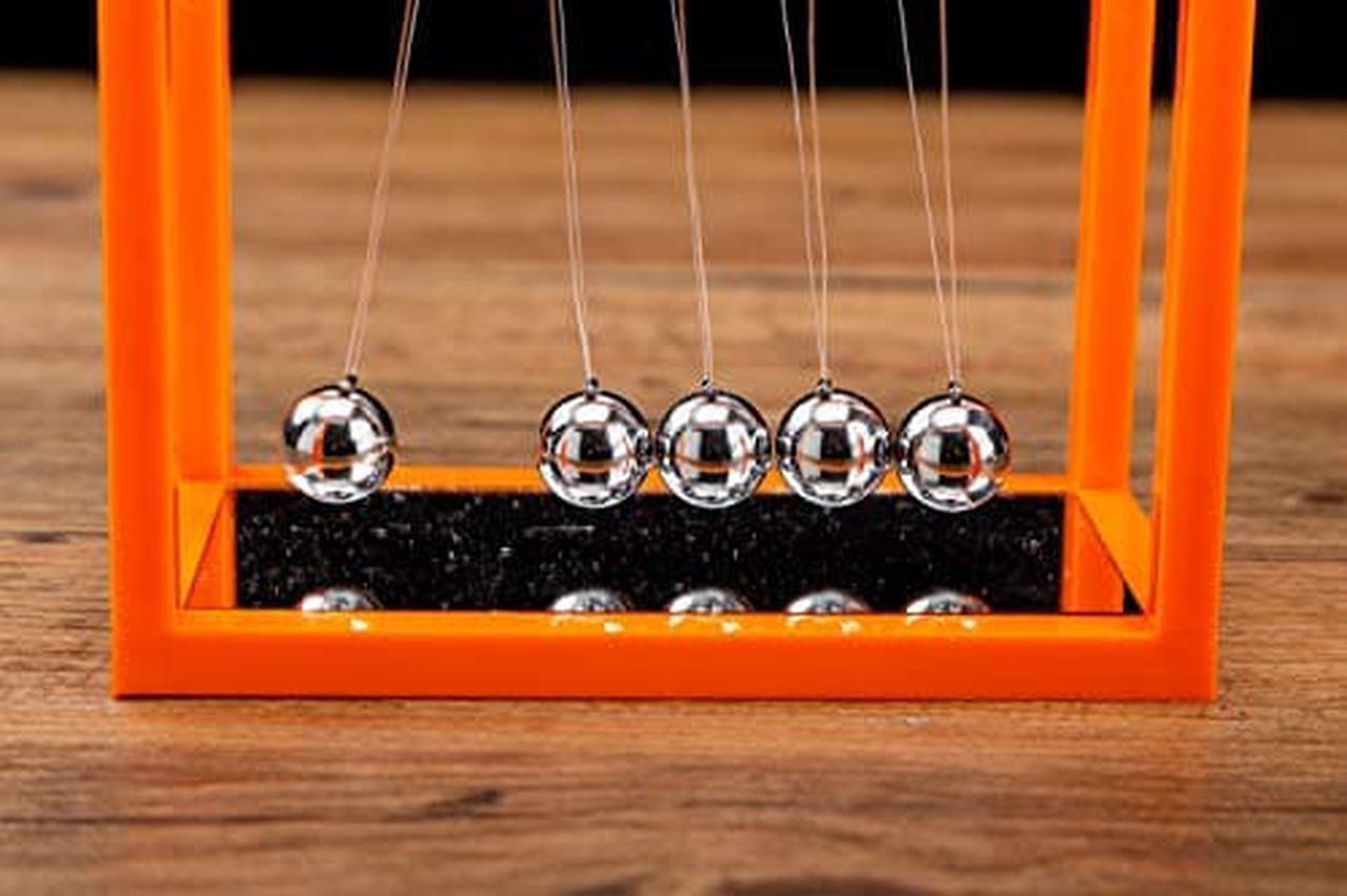 Alt view image 2 of 3 - Newtons Cradle Balance Balls, 5 Pendulum Balls, with Mirror Desk Top Decoration Kinetic Motion Toy for Home and Office, Physics Toys for Teachers (Orange)