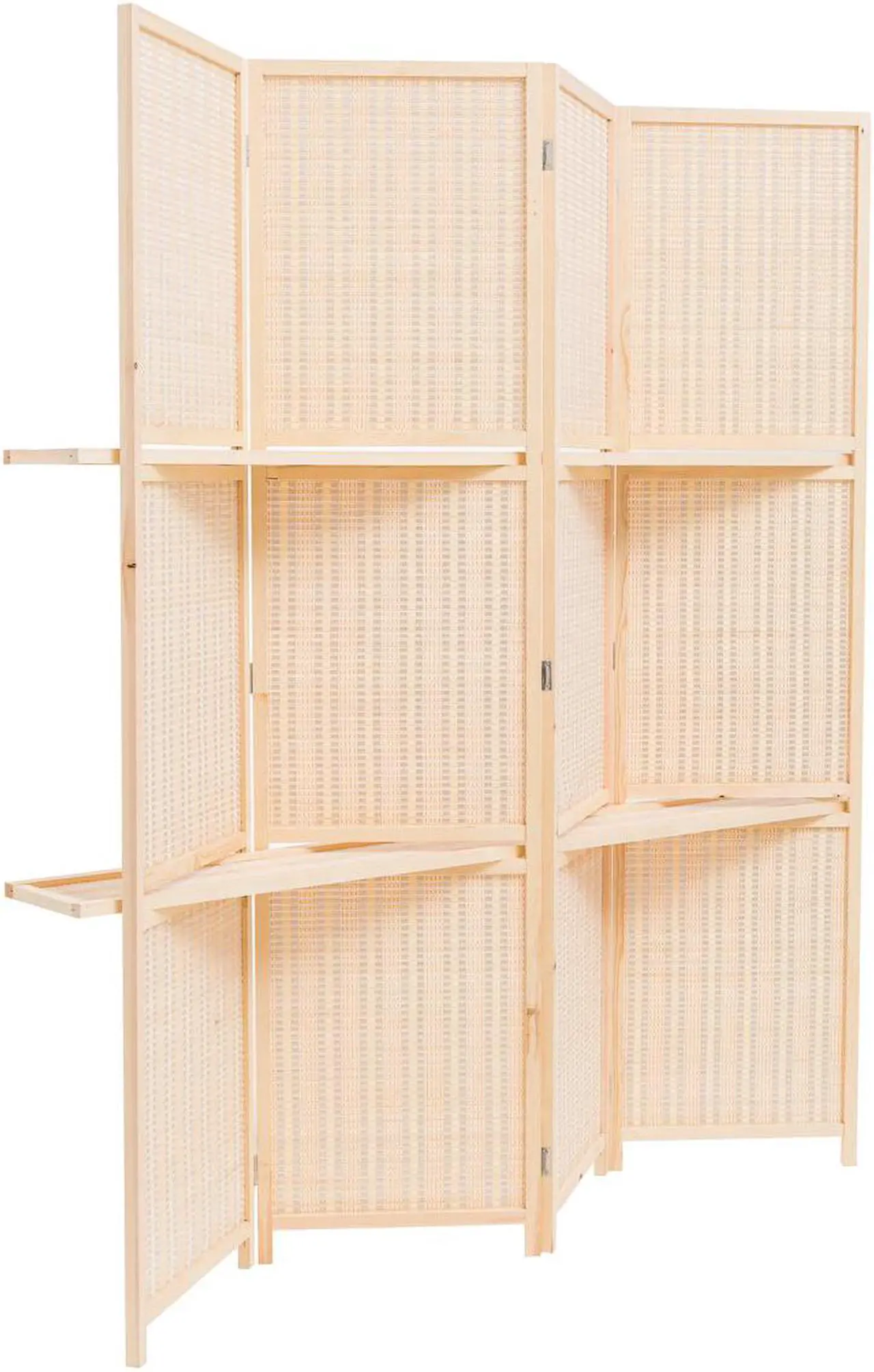 Main image of Freestanding Wood Frame Woven Bamboo 4 Panels Hinged Privacy Panel Screen Partition Wall with 2 Display Shelves Holding Room Divider with Shelves-Bamboo (Beige)