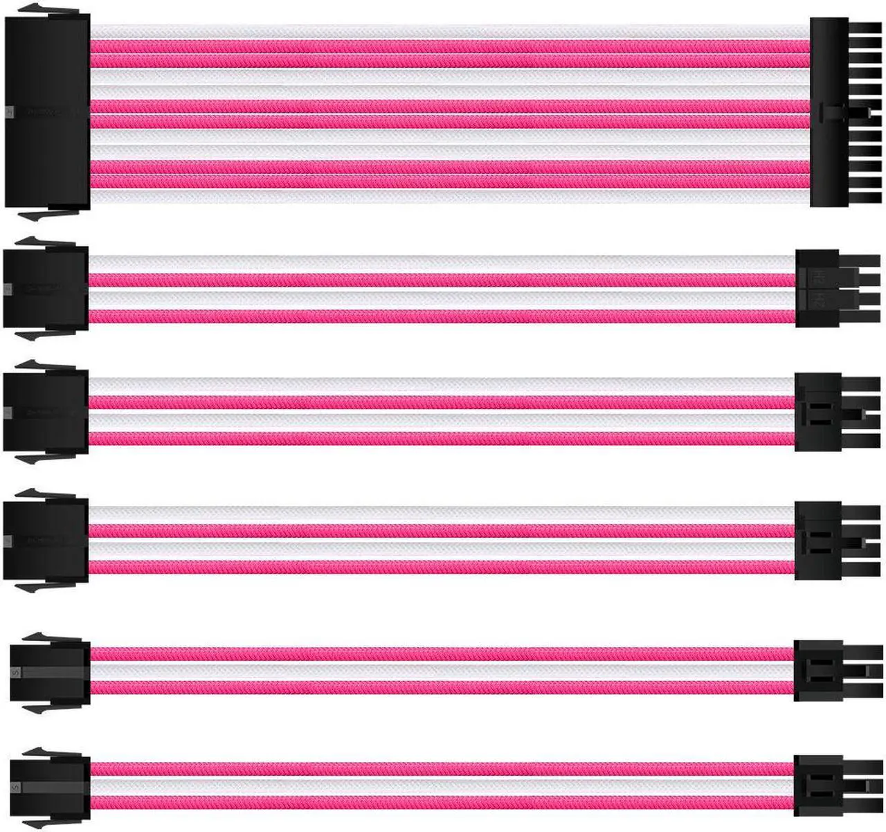 Main image of Mod Sleeved Cable, Pink & White Power Supply Cable Extension Kit, 24PIN ATX, 4+4 PIN EPS, 6 PIN PCIE,Dual 6+2 PIN PCIE(11.81"300mm)
