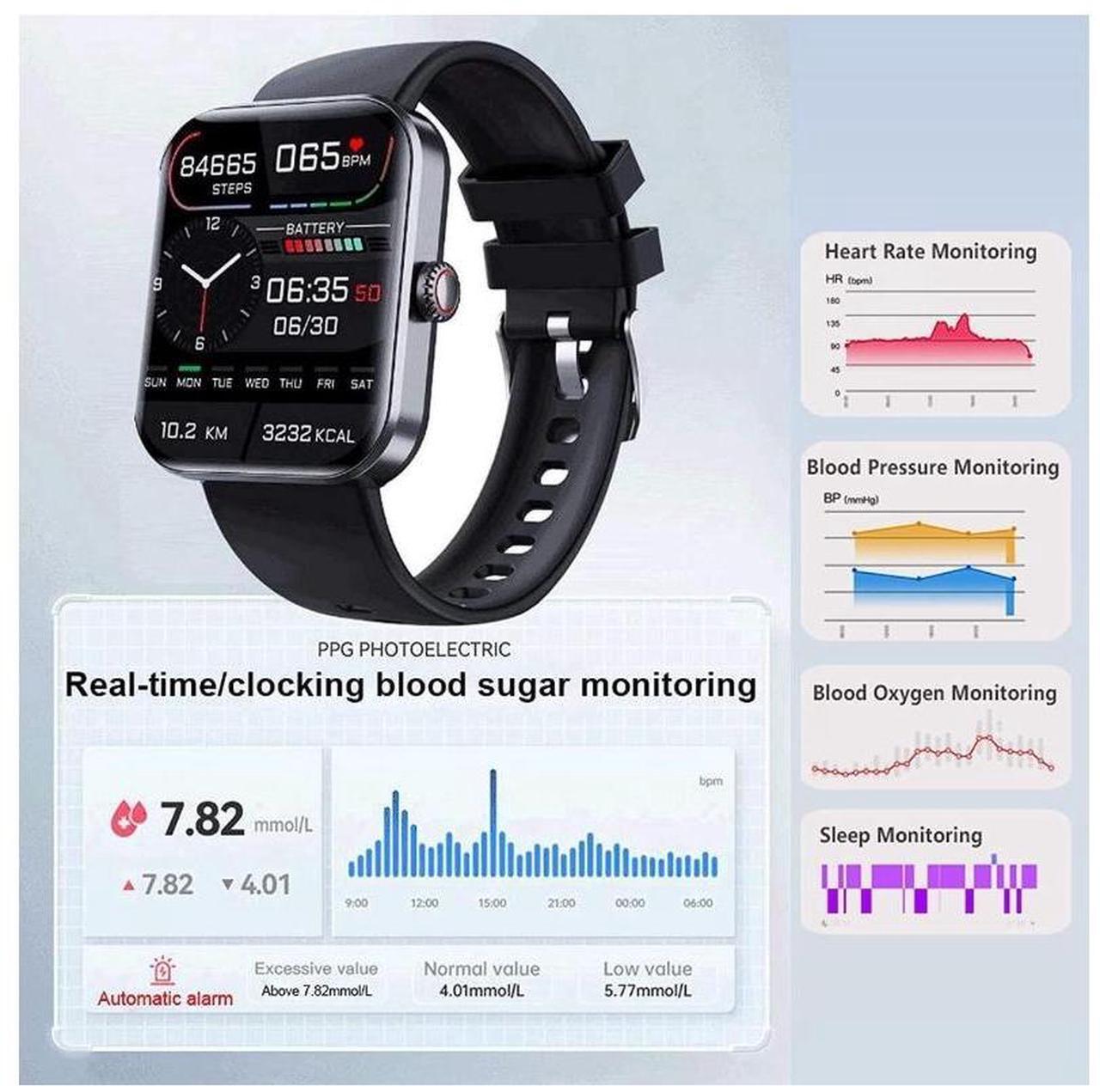 Alt view image 3 of 7 - Blood Glucose Monitoring Smartwatch - Fitness Tracker with Blood Pressure, Blood Oxygen Tracking - Heart Rate Monitor | Calorie Step Counter Non-invasive Blood Glucose Test Sport Smart Watch