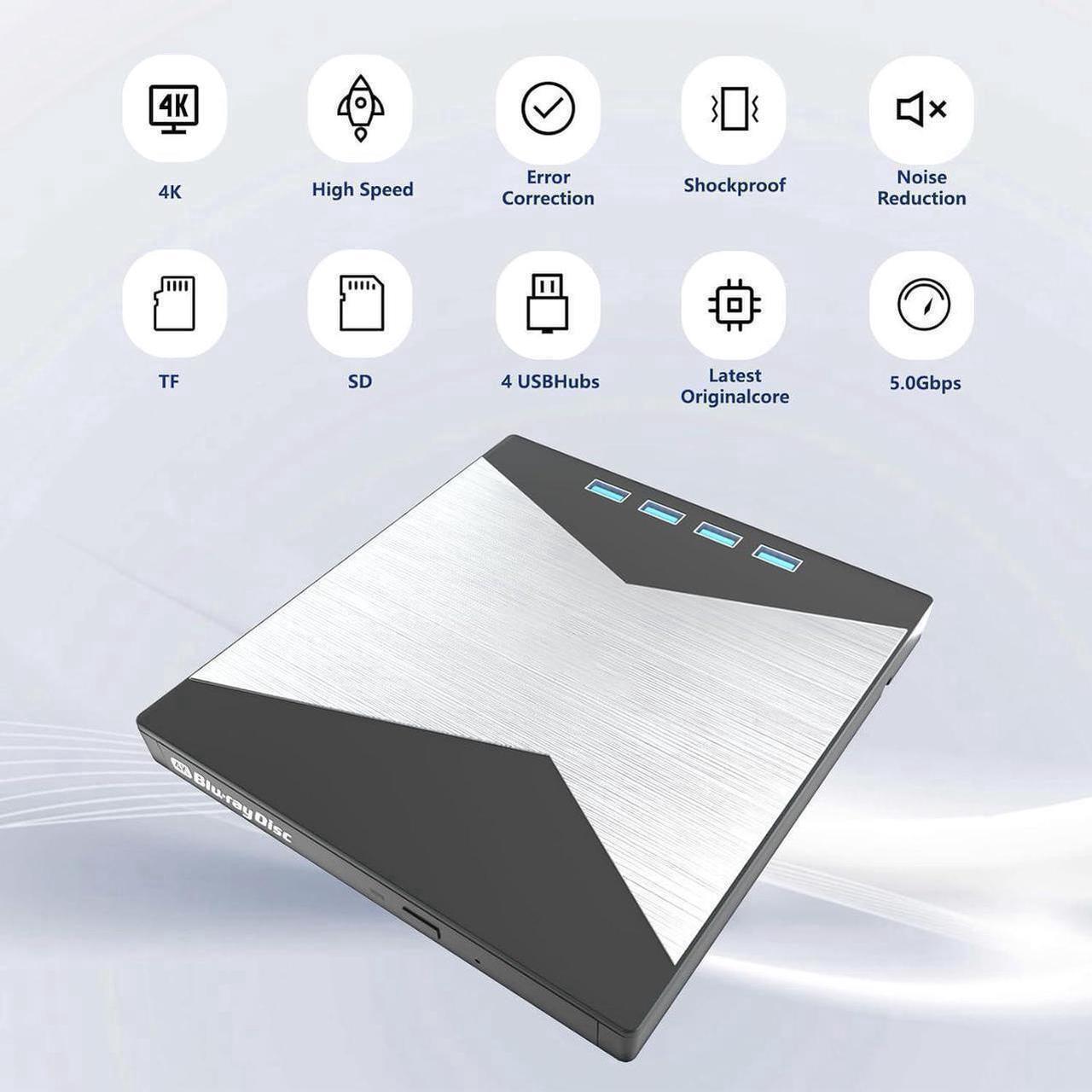 Alt view image 3 of 6 - 7-in-1 External Blu Ray Drive, 4K Portable Blu Ray Burner USB 3.0 Type-C BD Player with SD/TF Port, CD/DVD Burner R/W 3D BluRay Drive, External 4K Blu Ray Drive Compatible with Windows MacOS Laptop PC