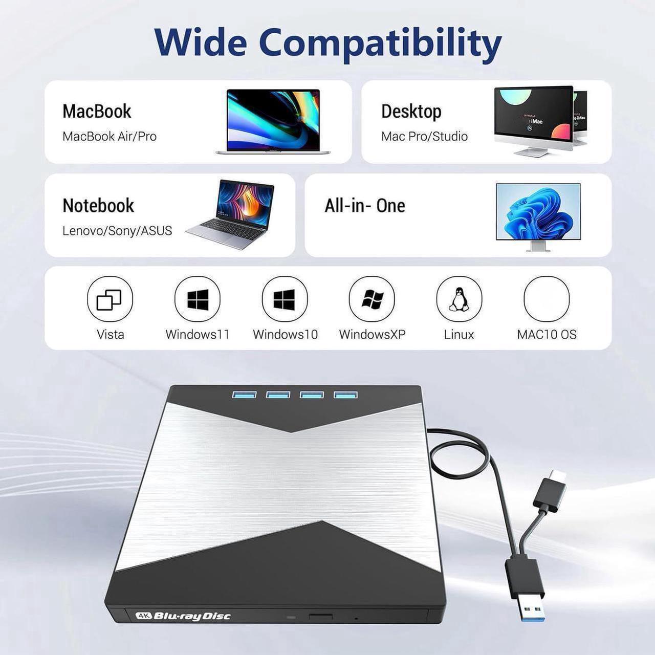 Alt view image 4 of 6 - 7-in-1 External Blu Ray Drive, 4K Portable Blu Ray Burner USB 3.0 Type-C BD Player with SD/TF Port, CD/DVD Burner R/W 3D BluRay Drive, External 4K Blu Ray Drive Compatible with Windows MacOS Laptop PC