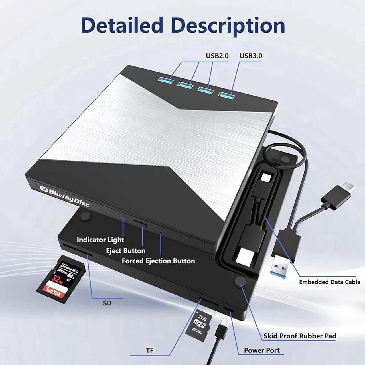 Alt view image 6 of 6 - 7-in-1 External Blu Ray Drive, 4K Portable Blu Ray Burner USB 3.0 Type-C BD Player with SD/TF Port, CD/DVD Burner R/W 3D BluRay Drive, External 4K Blu Ray Drive Compatible with Windows MacOS Laptop PC