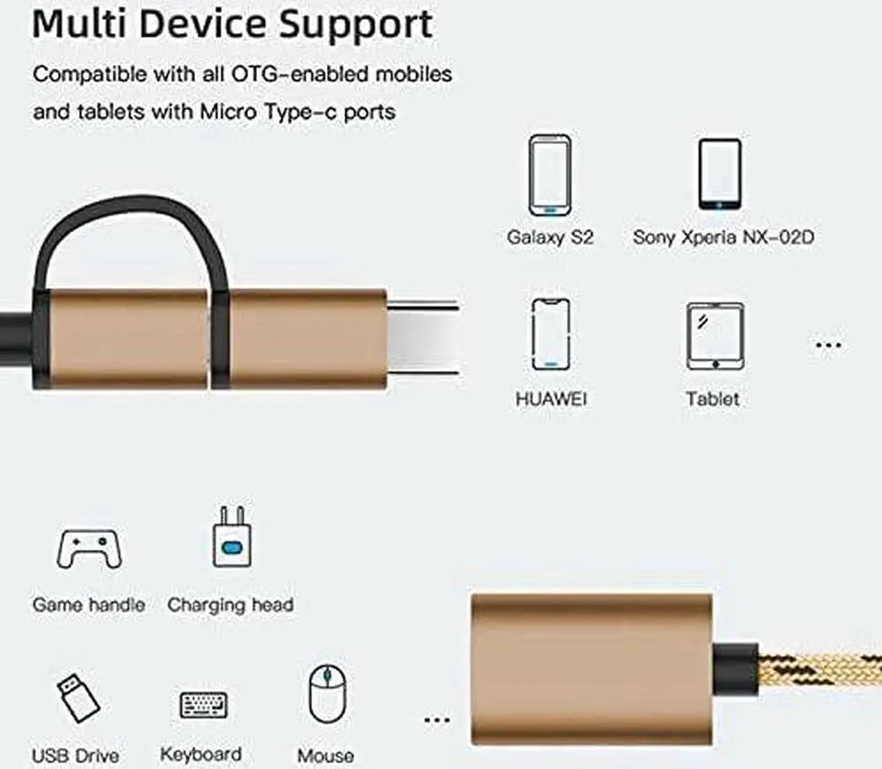 Alt view image 2 of 7 - OTG Adapter Cable 2 in 1 USB to Type-C USB to Micro USB Nylon USB 3.0 Interface Fast Transfer Connector Converter for Cellphone Charging Line (Gold)
