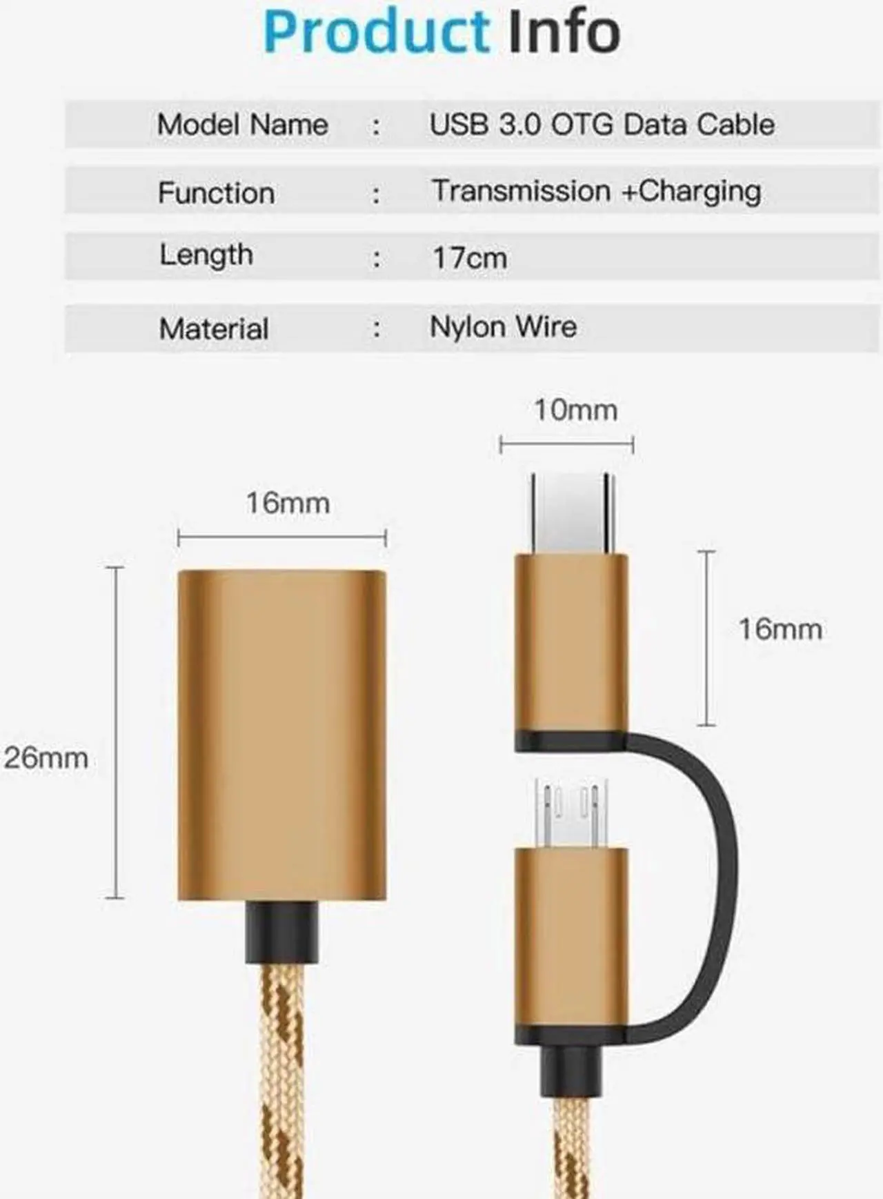 Alt view image 6 of 7 - OTG Adapter Cable 2 in 1 USB to Type-C USB to Micro USB Nylon USB 3.0 Interface Fast Transfer Connector Converter for Cellphone Charging Line (Gold)