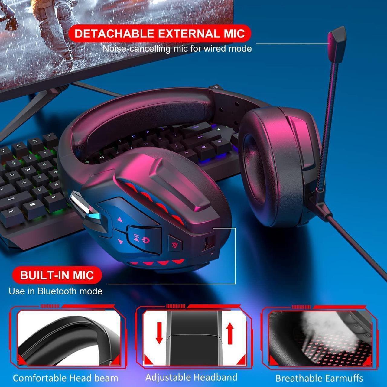 Alt view image 4 of 7 - PHOINIKAS Gaming Headset for Xbox one, PS5, PC, PS4 Headset with 7.1 Stereo Sound, Bluetooth Wireless Headset for Phone, Over Ear Headphones with Noise Cancelling Detachable Mic, Bluetooth Up to 40h