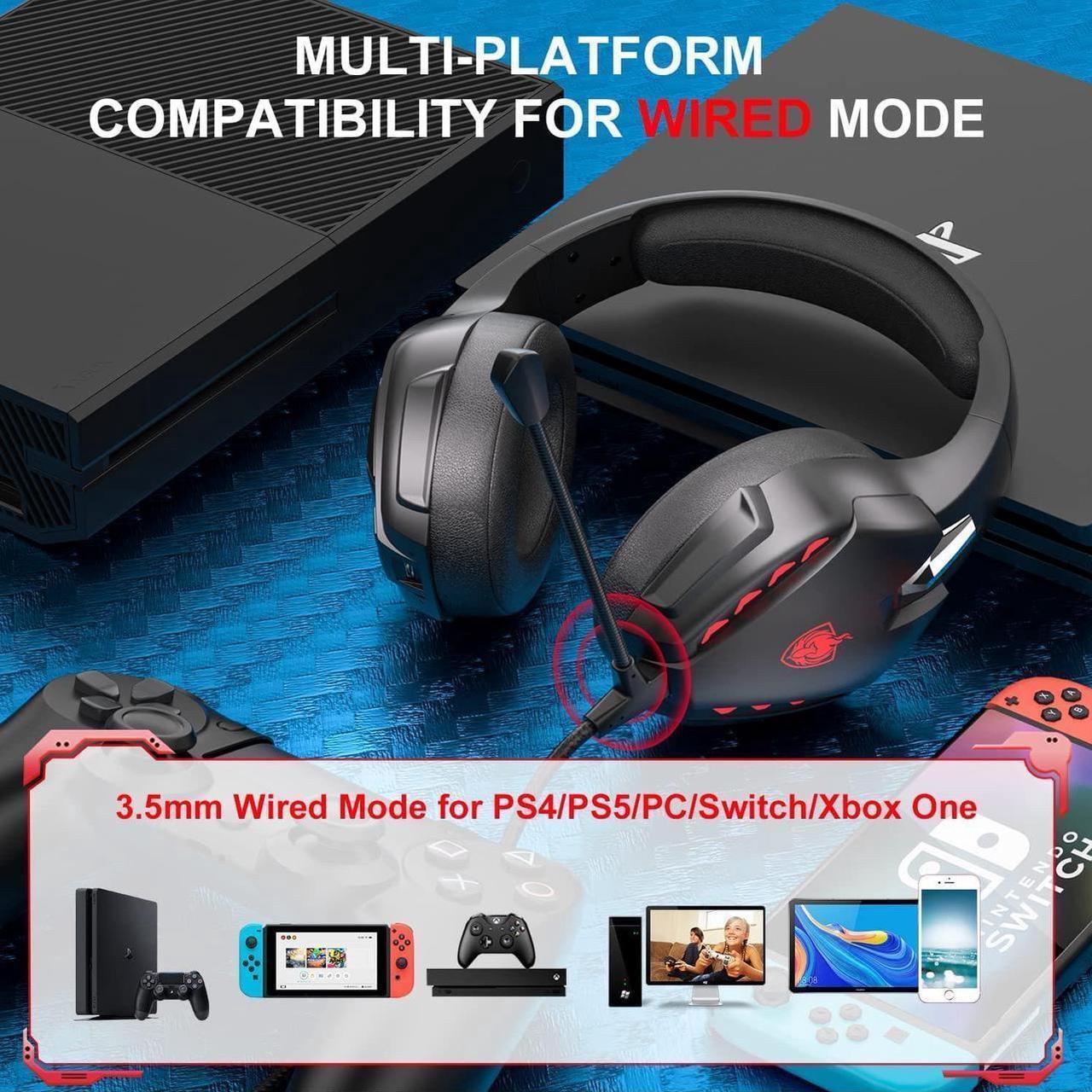 Alt view image 2 of 7 - PHOINIKAS Gaming Headset for Xbox one, PS5, PC, PS4 Headset with 7.1 Stereo Sound, Bluetooth Wireless Headset for Phone, Over Ear Headphones with Noise Cancelling Detachable Mic, Bluetooth Up to 40h