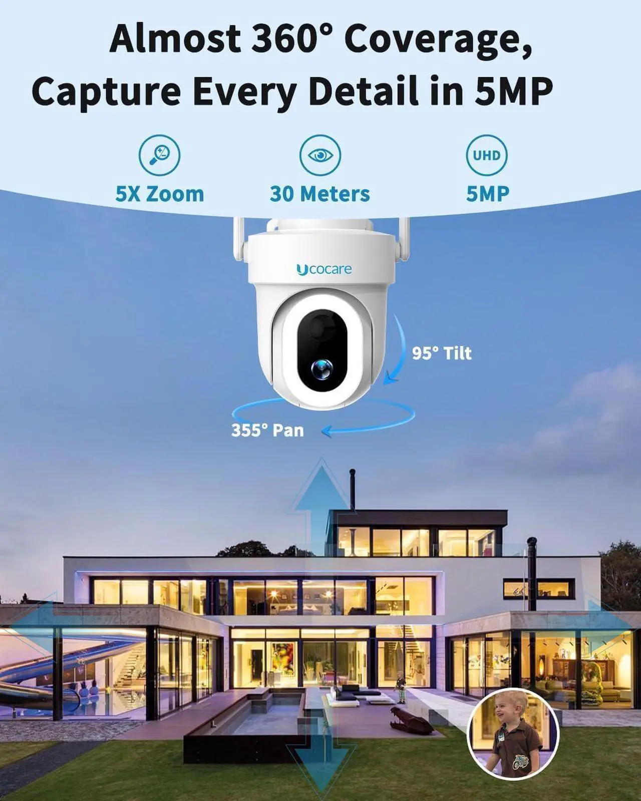Alt view image 2 of 6 - 5MP Security Cameras Wireless Outdoor, Solar Security Cameras Wireless Outdoor with Pan/Tilt/Zoom, 5W Solar/ 10000mAh Battery, Color Night Vision, Siren & Spotlight, Human Detection, Alexa