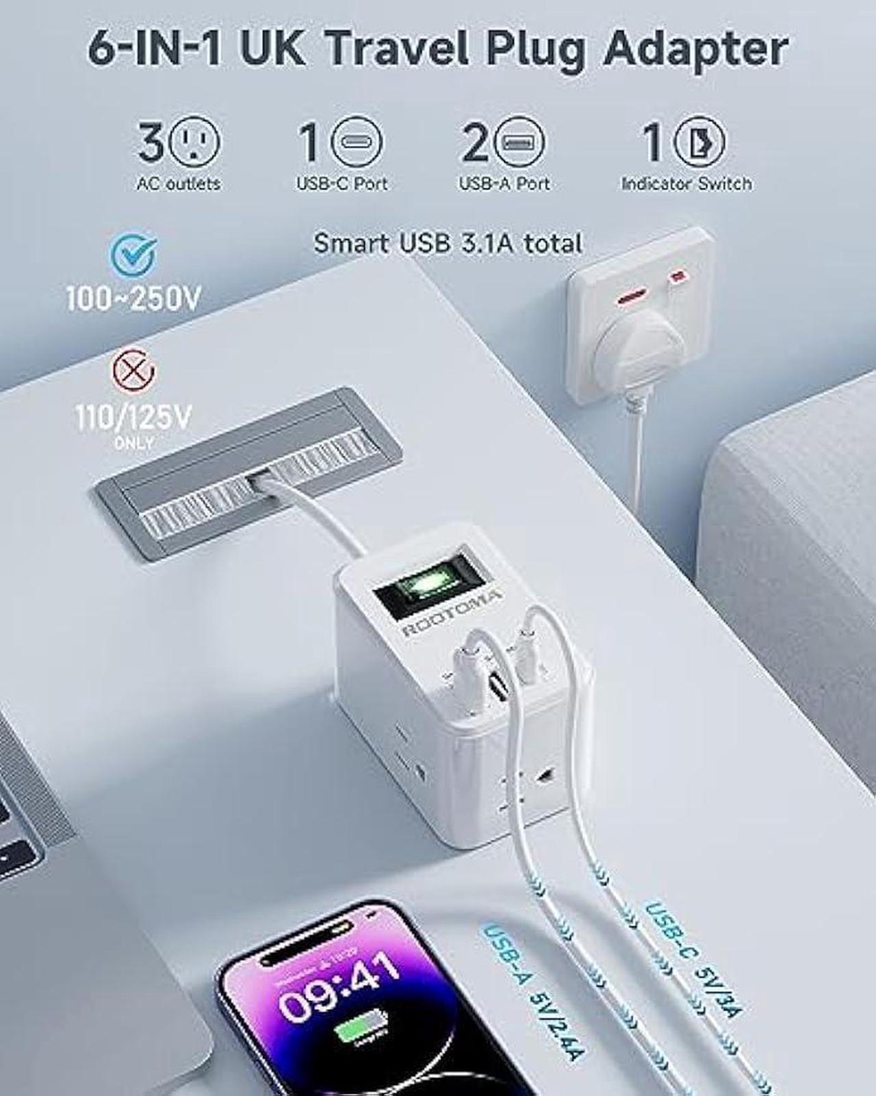 Alt view image 2 of 4 - UK Ireland Scotland Travel Plug Adapter, US to UK Plug Adapter with 3 Outlets 3 USB Ports (1 USB C Port), Type G Travel Adapter for USA to British England Scotland Irish London, Cube, White