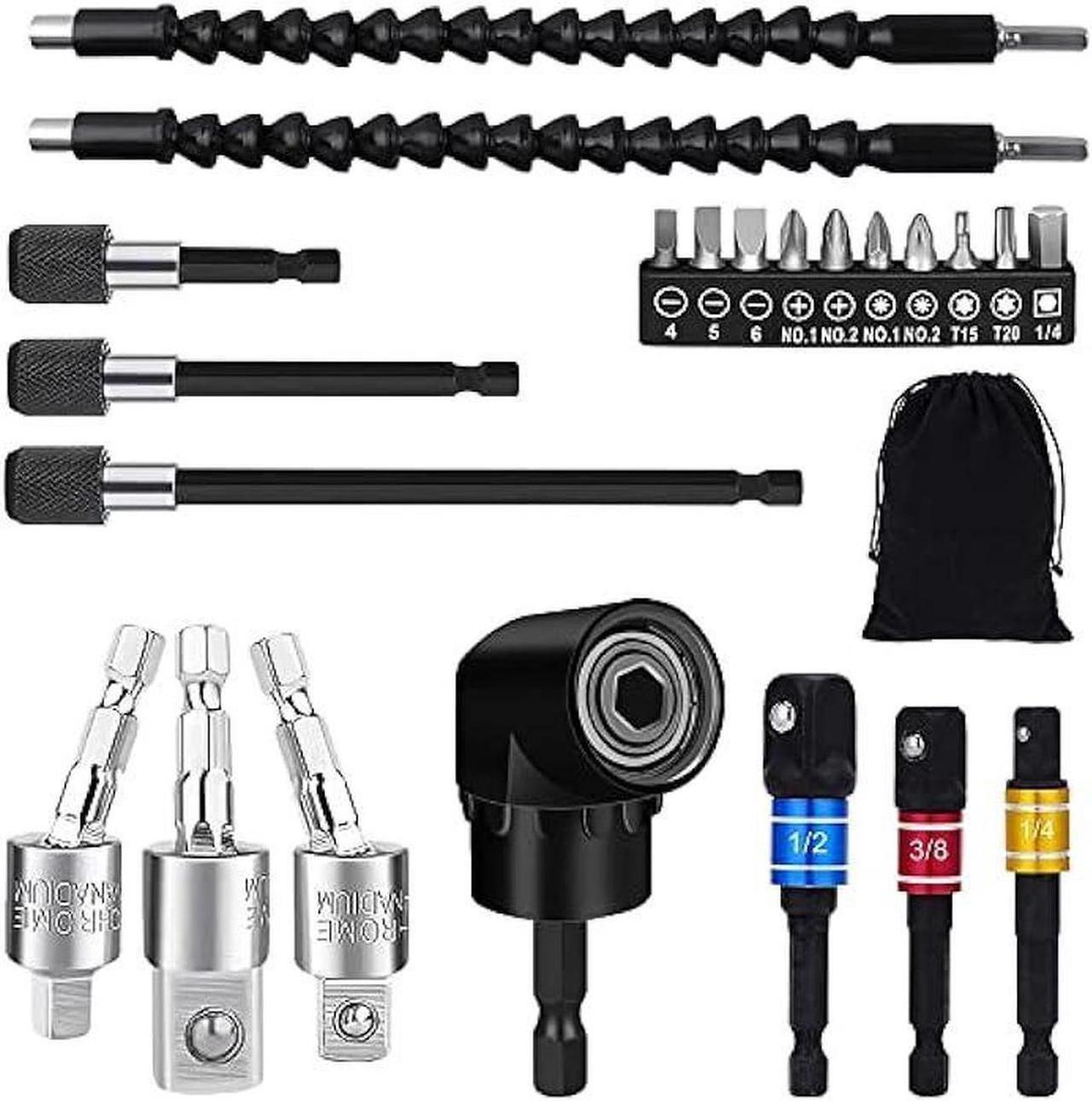 Alt view image 2 of 4 - Flexible Drill Bit Extension Set, 105° Right Angle Drill Attachment, 1/4 3/8 1/2 Hex Shank Impact Driver Socket Adapter Rotatable Socket, Bendable Drill Bit Extension and Screwdriver Bit Kit