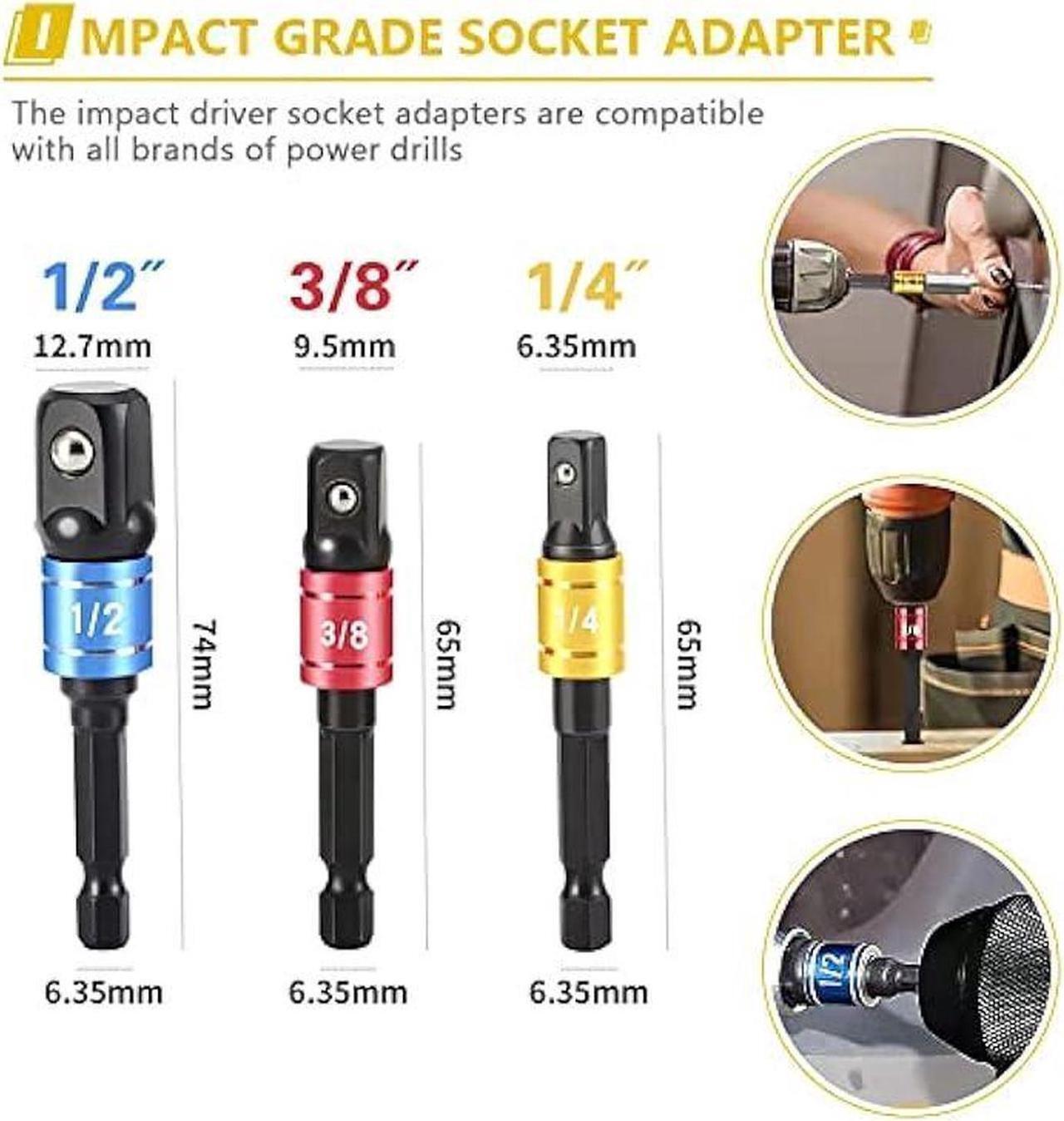 Alt view image 3 of 4 - Flexible Drill Bit Extension Set, 105° Right Angle Drill Attachment, 1/4 3/8 1/2 Hex Shank Impact Driver Socket Adapter Rotatable Socket, Bendable Drill Bit Extension and Screwdriver Bit Kit