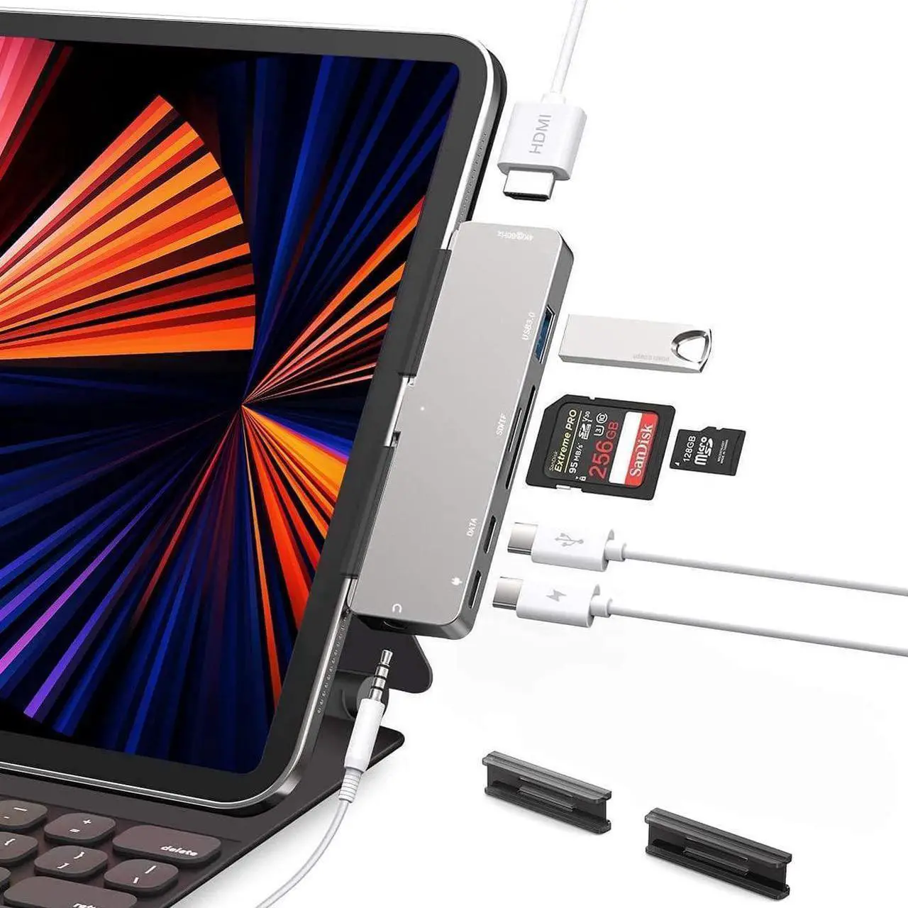 Main image of Adapter for iPad Pro USB C Hub 2024 M4 M2 M1 12.9 11 2022 2018/iPad Air 4/5/6/iPad Mini 6, 7in1 USB C Adapter with 4K HDMI,3.5mm Jack,USB3.0,PD 60W,SD/TF,USB-C 3.0 Data,iPad Accessories