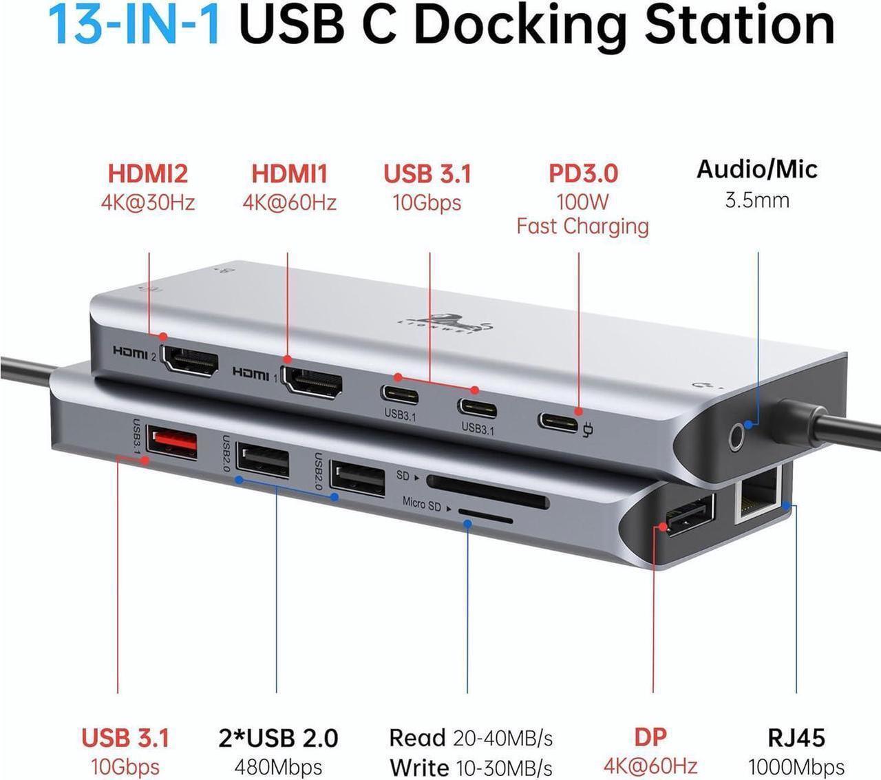 Alt view image 2 of 4 - USB C Laptop Docking Station 3 Monitors - 13 in 1 USB C Hub with 2 HDMI+DisplayPort+10Gbps USB A/C, 6 USB, 100W PD, Ethernet, SD/TF, Audio, LIONWEI USB C Dock for MacBook//HP/Surface