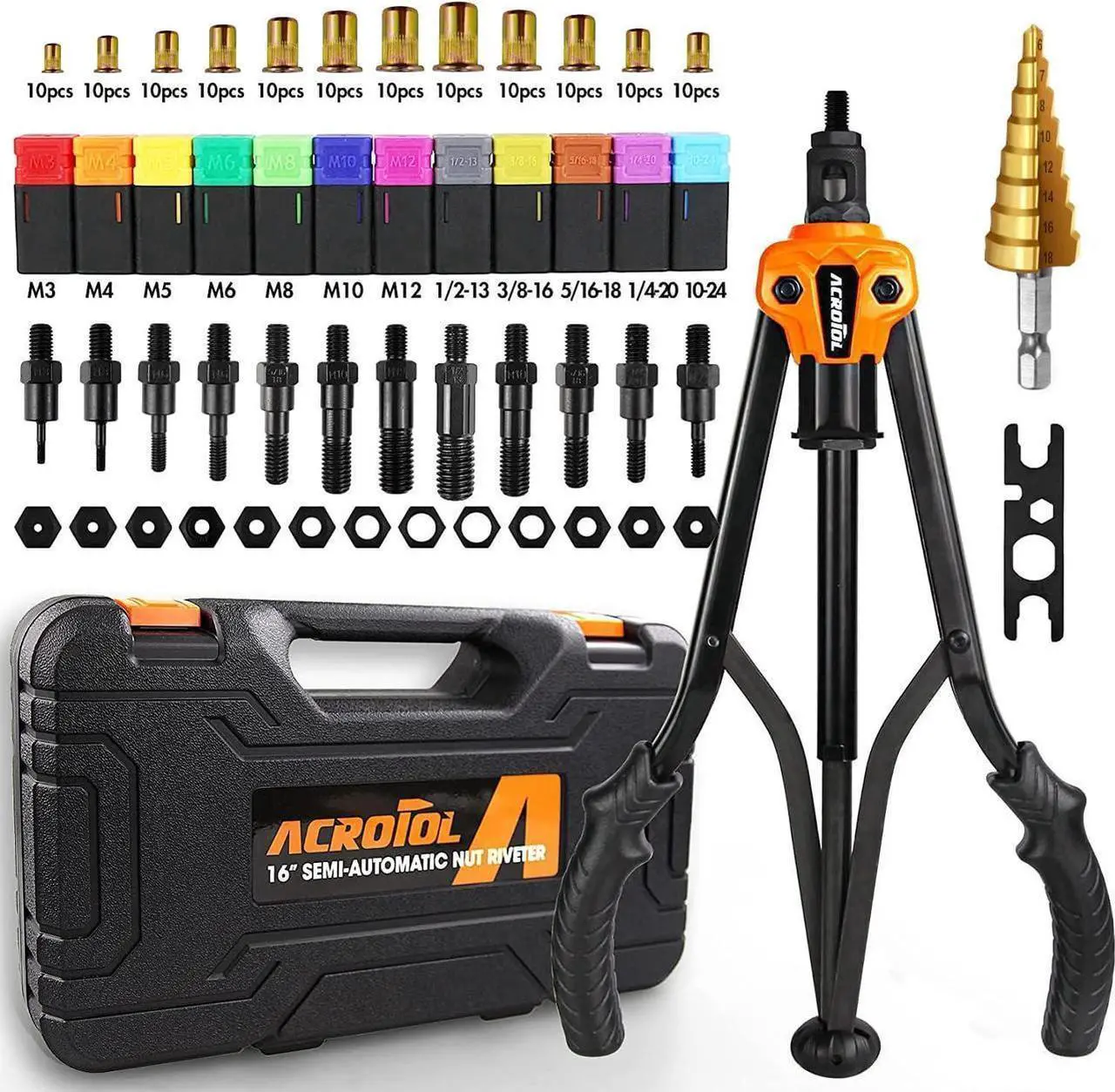 Alt view image 2 of 4 - ACROTOL Rivet Nut Tool, 16" Rivnut Tool Kit with 12PCS Metric & SAE Mandrels, Auto Release Nutsert Tool with 120PCS Rivnuts