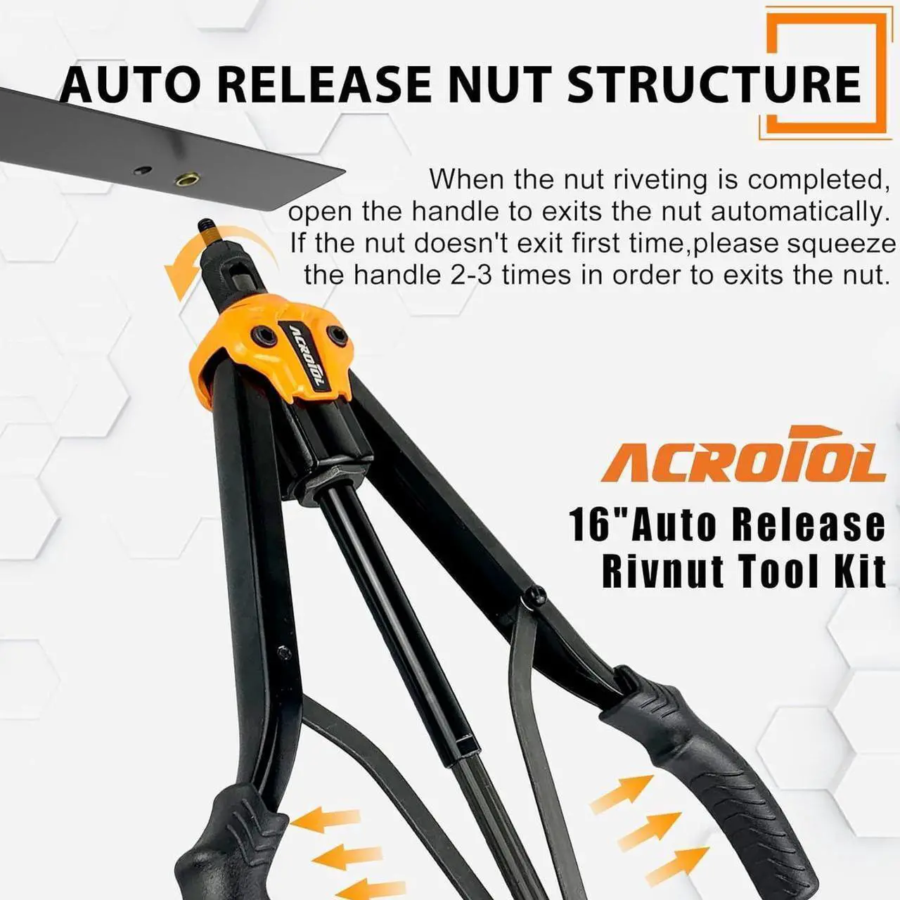 Alt view image 3 of 4 - ACROTOL Rivet Nut Tool, 16" Rivnut Tool Kit with 12PCS Metric & SAE Mandrels, Auto Release Nutsert Tool with 120PCS Rivnuts