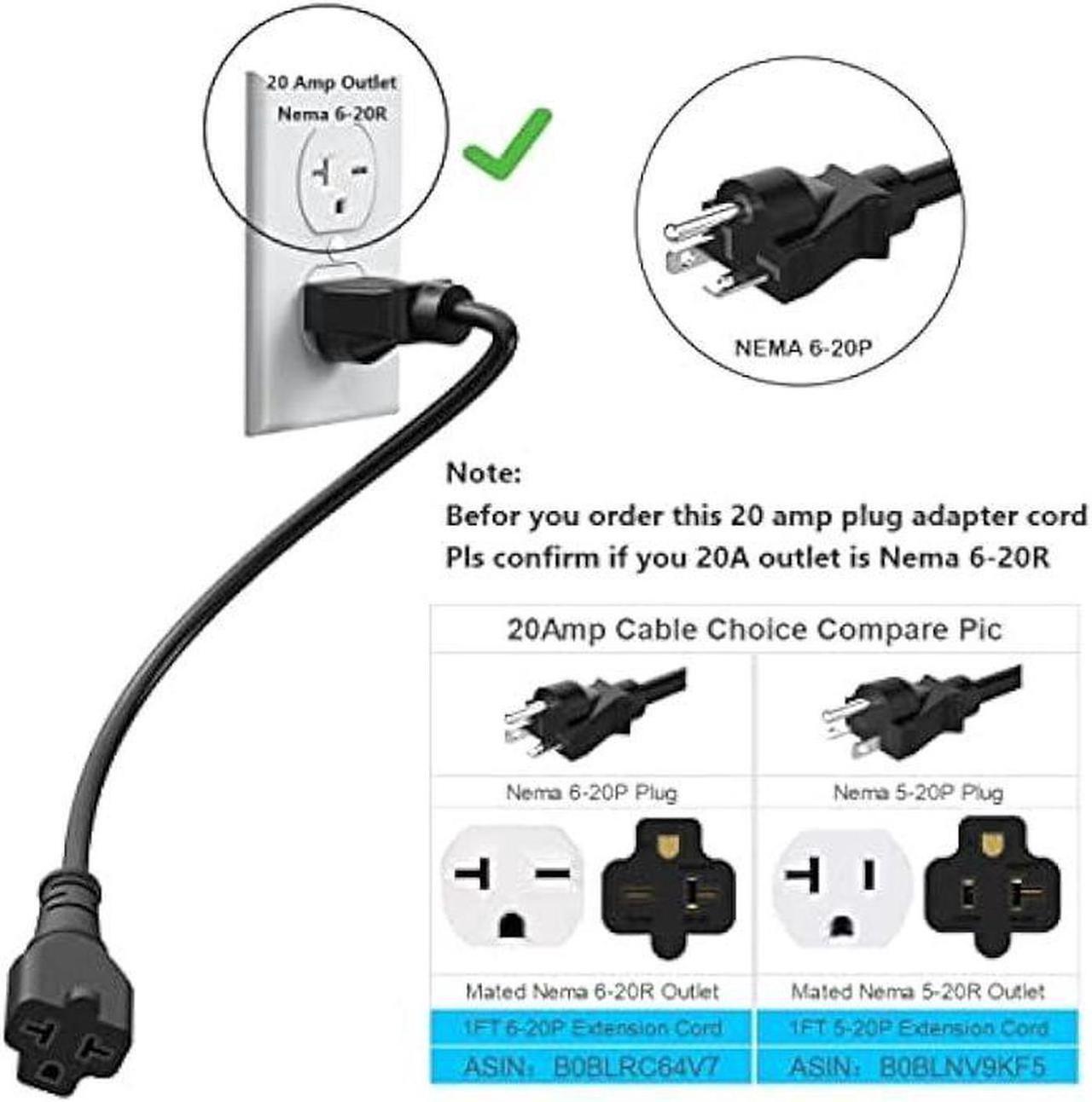 Alt view image 3 of 4 - 1-Foot 20 AMP Nema 6-20P Extension Cord 12AWG Nema 6-20 Heavy Duty Extension Power Cord 1FT,Nema 6-20P to 5-20R,6-20P to 6-15R/20R 20AMP T-Blade Adapter Cable,20A 250V Plug Adapter Cable