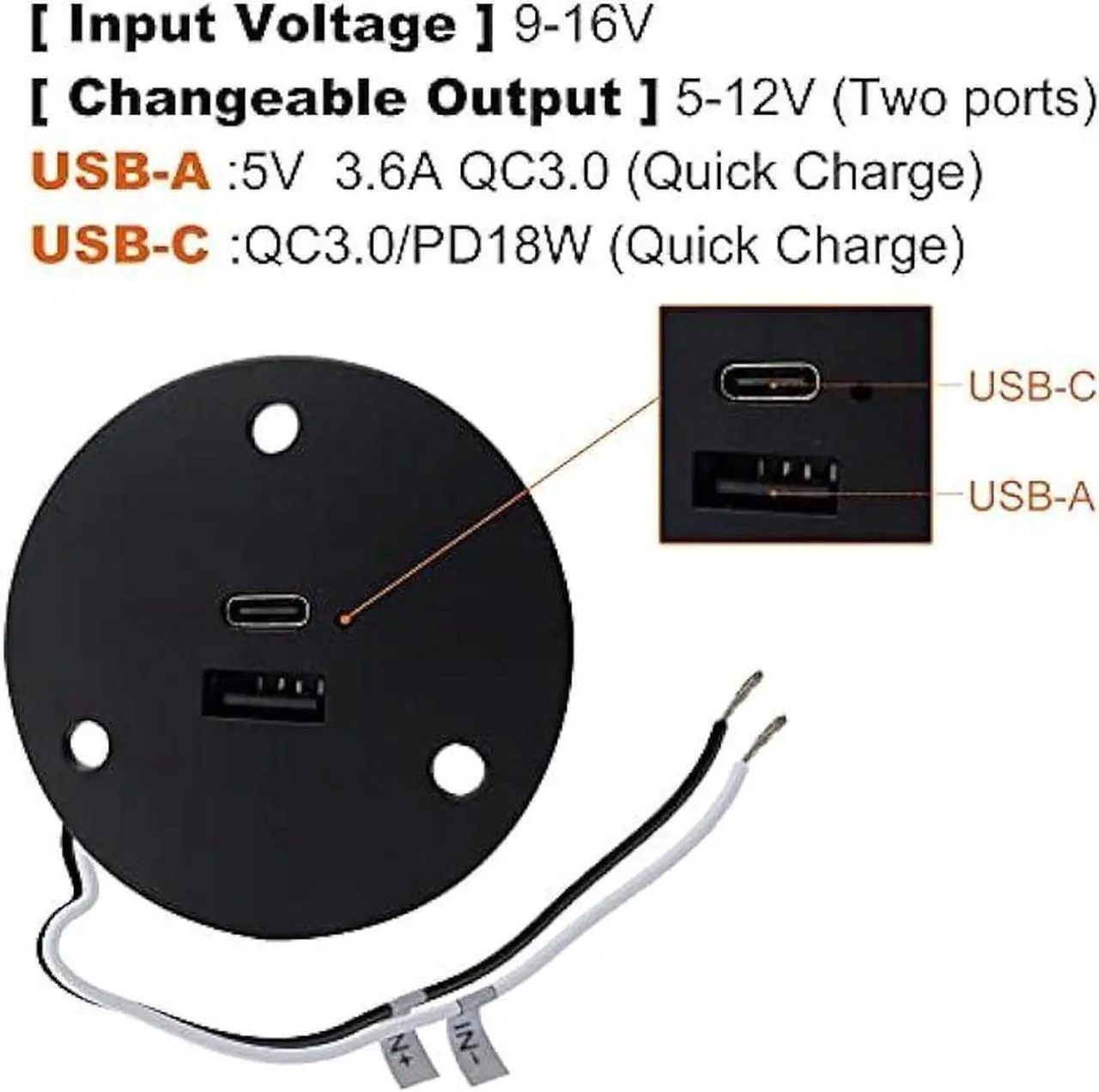 Alt view image 2 of 4 - Facon 12V RV USB Charger Socket, QC3.0 Quick Charger USB Type A + Type C PD 18W, Wall Mount RV USB Charging Port, for RV Trailer Camper Boat Marine Motorhome (Black)