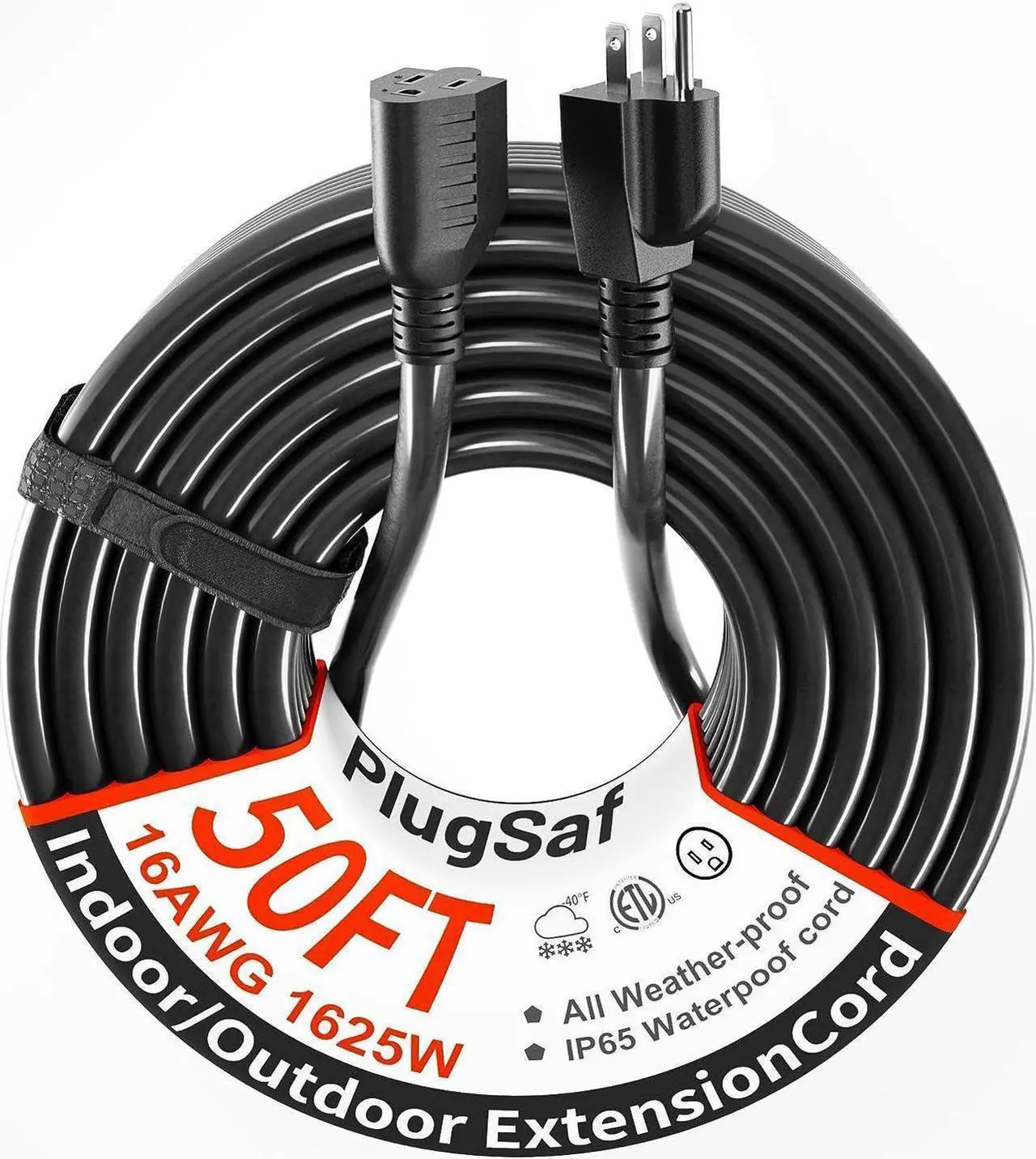 Alt view image 4 of 4 - Black Outdoor Extension Cord 50 ft 16/3 Gauge Waterproof, Cold Weatherproof -58°F, Flame Retardant, Flexible 3 Prong Heavy Duty Electric Cord for Lawn Office,13A 1625W 16AWG SJTW, ETL Listed PlugSaf