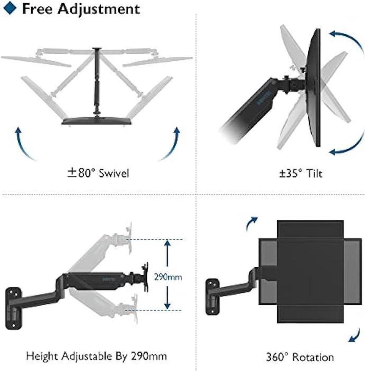 Alt view image 2 of 4 - BONTEC Monitor Wall Mount Bracket for 13 to 42 Inch Screens, Gas Spring Arm Wall Mount, Height Adjustable Articulating Single Arm Wall Stand with VESA Extended Arm Up to 22.2 Inch, Max VESA 200x200