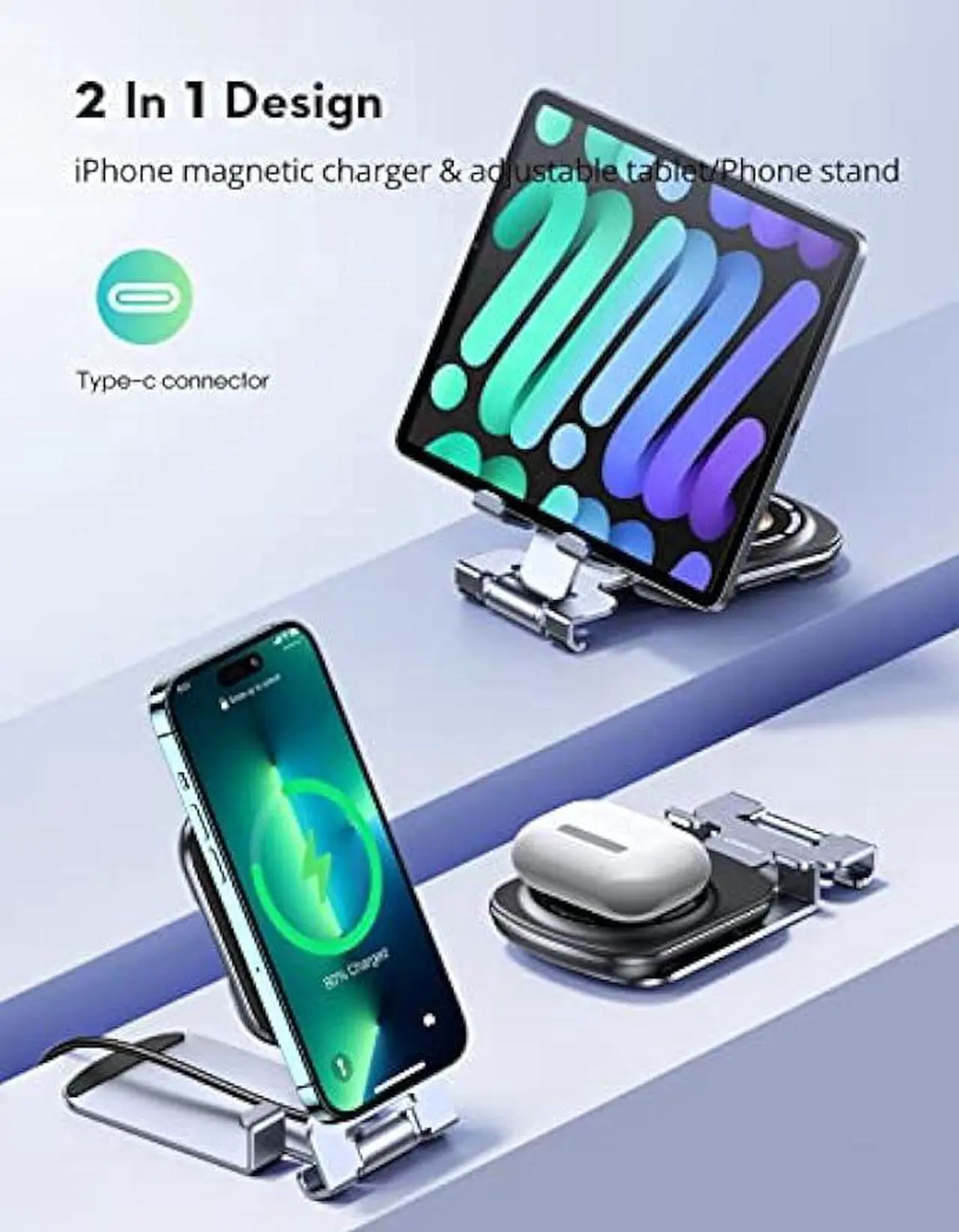 Alt view image 2 of 4 - Magnetic Wireless Charger Stand for iPhone, 2 in 1 THREEKEY Foldable and Adjustable15W Fast Mag Safe Charger Stand with 5ft USB-C Cable, Compatible with iPhone 15/14/13/12 Series and AirPods Pro/3/2