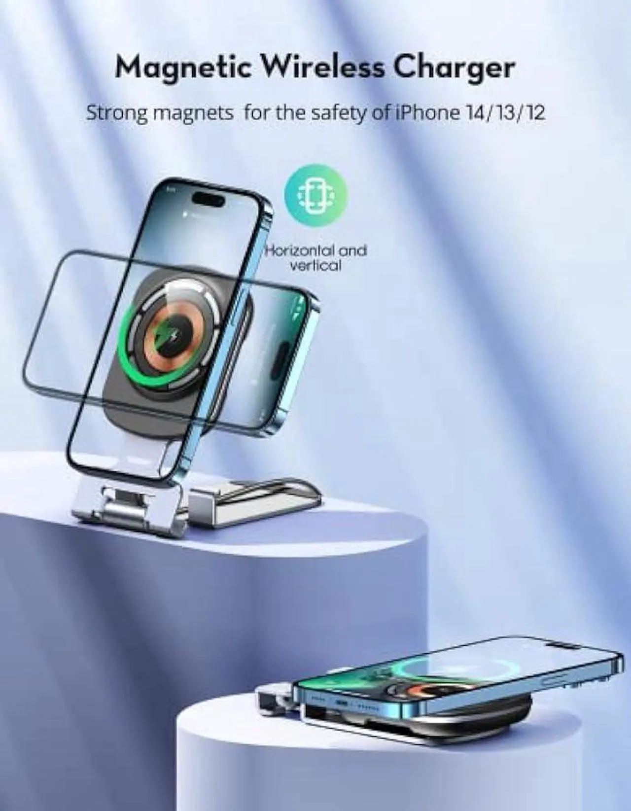 Alt view image 3 of 4 - Magnetic Wireless Charger Stand for iPhone, 2 in 1 THREEKEY Foldable and Adjustable15W Fast Mag Safe Charger Stand with 5ft USB-C Cable, Compatible with iPhone 15/14/13/12 Series and AirPods Pro/3/2