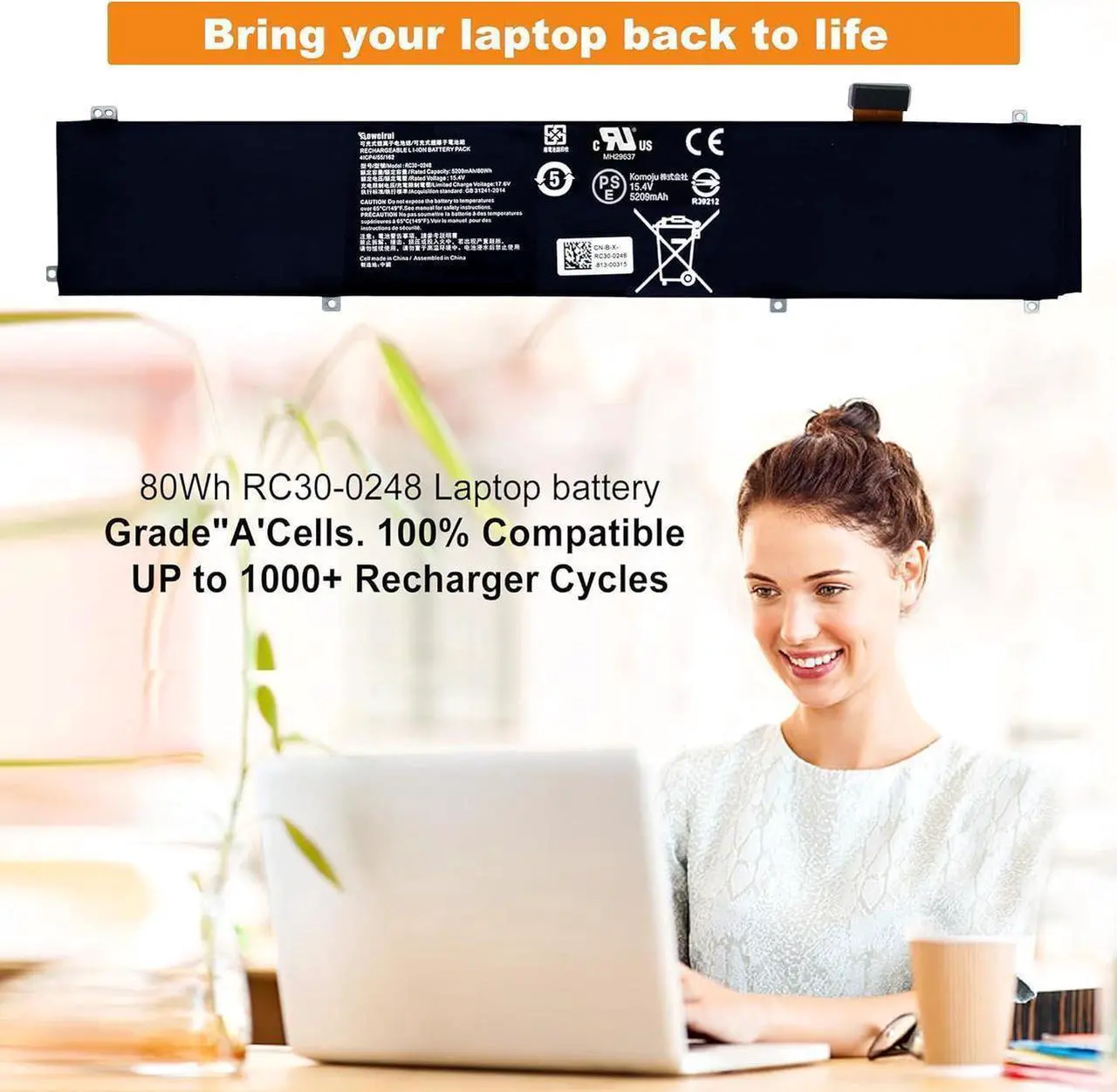 Alt view image 3 of 7 - RC30-0248 Laptop Battery Replacement for Razer Blade 15 2018 Advanced RZ09-02386E92 RZ09-02385 RZ09-02386 RZ09-02886 RZ09-02887 RZ09-02888 RZ09-0301 RZ09-0313 Series 4ICP4/55/162 (15.4V 80Wh)