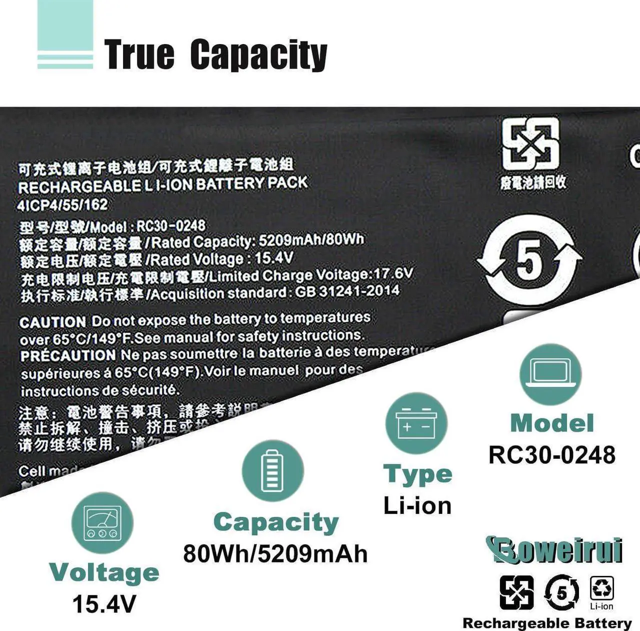 Alt view image 4 of 7 - RC30-0248 Laptop Battery Replacement for Razer Blade 15 2018 Advanced RZ09-02386E92 RZ09-02385 RZ09-02386 RZ09-02886 RZ09-02887 RZ09-02888 RZ09-0301 RZ09-0313 Series 4ICP4/55/162 (15.4V 80Wh)