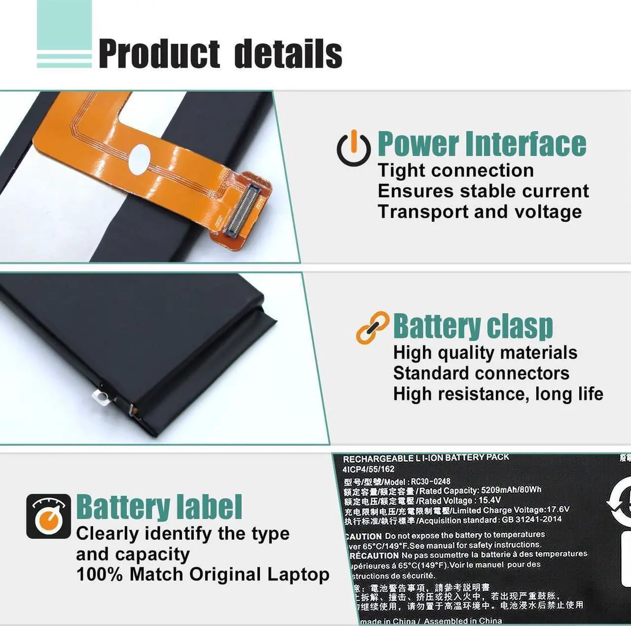 Alt view image 5 of 7 - RC30-0248 Laptop Battery Replacement for Razer Blade 15 2018 Advanced RZ09-02386E92 RZ09-02385 RZ09-02386 RZ09-02886 RZ09-02887 RZ09-02888 RZ09-0301 RZ09-0313 Series 4ICP4/55/162 (15.4V 80Wh)
