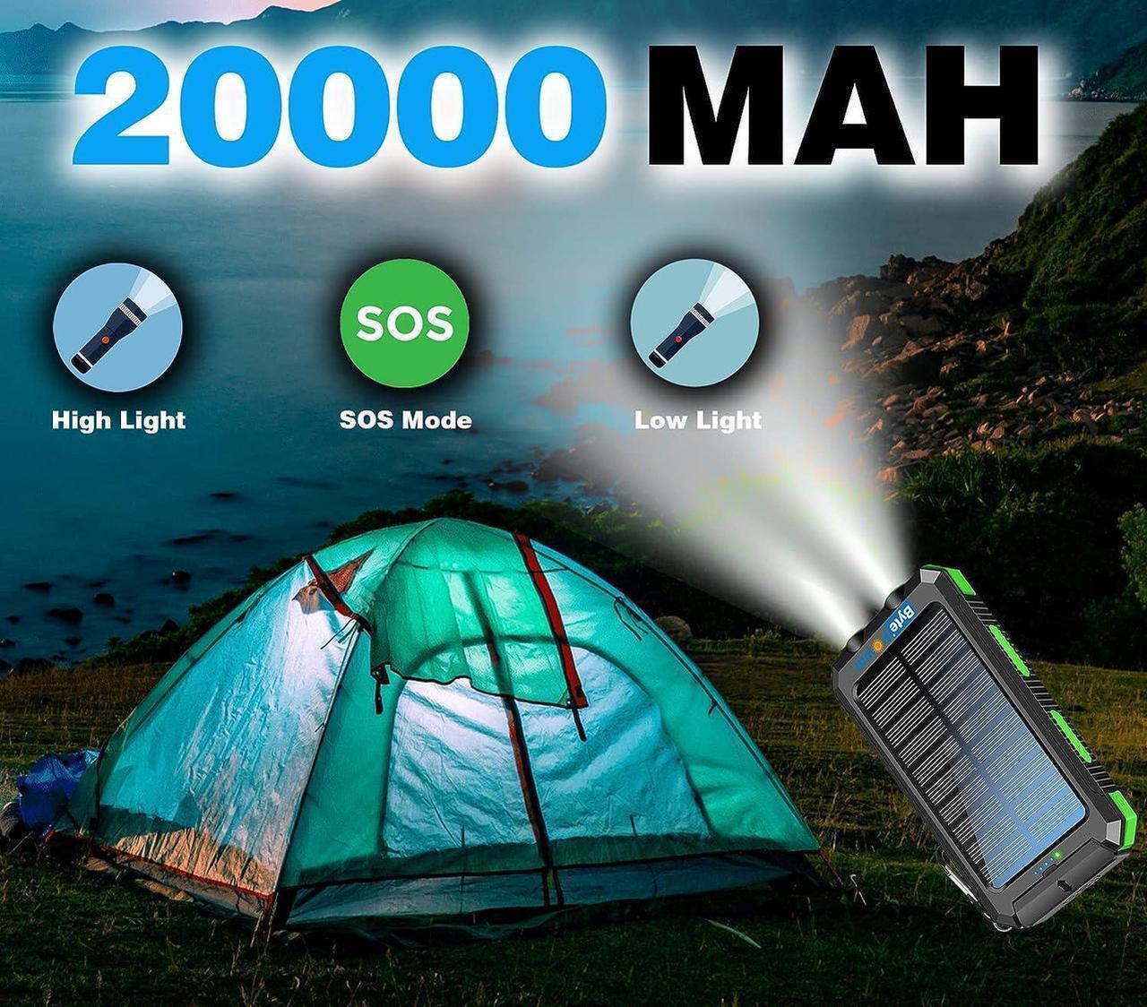 Alt view image 5 of 7 - Solar Charger Power Bank 20000mAh, Portable Solar Pone Charger with Compass,Carabiner, Whistle,Flashlights,Solar Panel Charger,Camping Gear Accessory (Green)