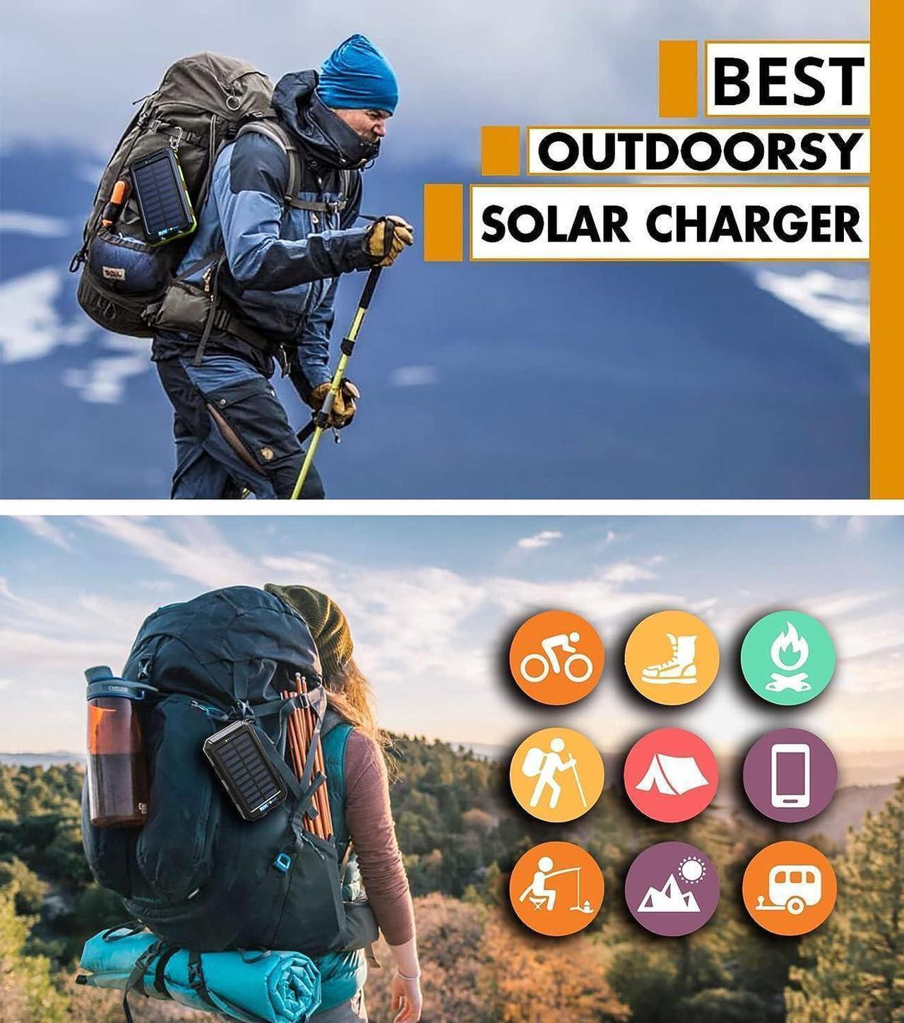 Alt view image 6 of 7 - Solar Charger Power Bank 20000mAh, Portable Solar Pone Charger with Compass,Carabiner, Whistle,Flashlights,Solar Panel Charger,Camping Gear Accessory (Green)