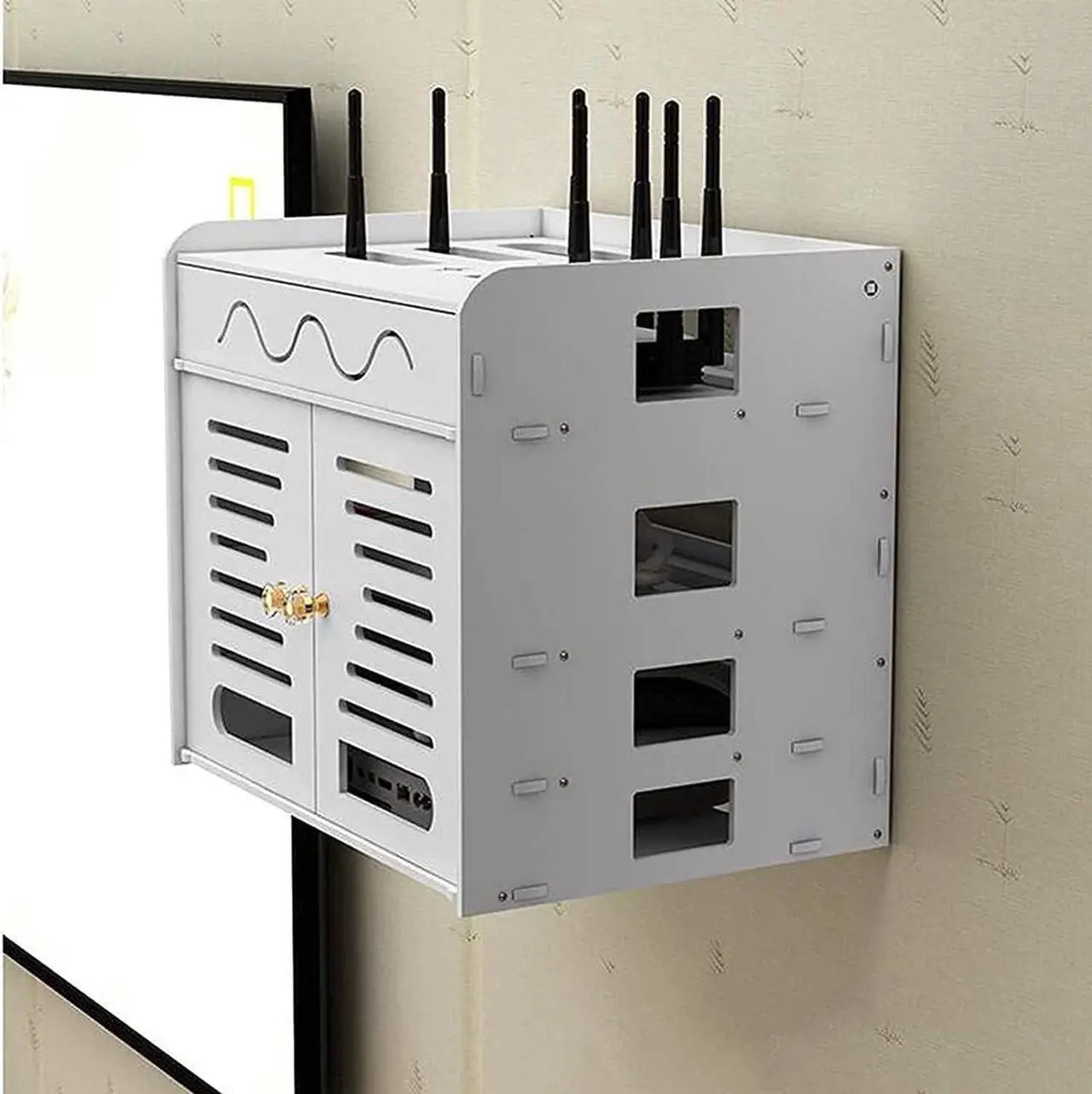 Alt view image 4 of 6 - Wireless Router Storage Box Router Fences Floating TV Stand, WiFi Router Storage Box, Wall Hanging Router Decorative Box, Cable Organizer Power Charger Storage Organizer Hide Box
