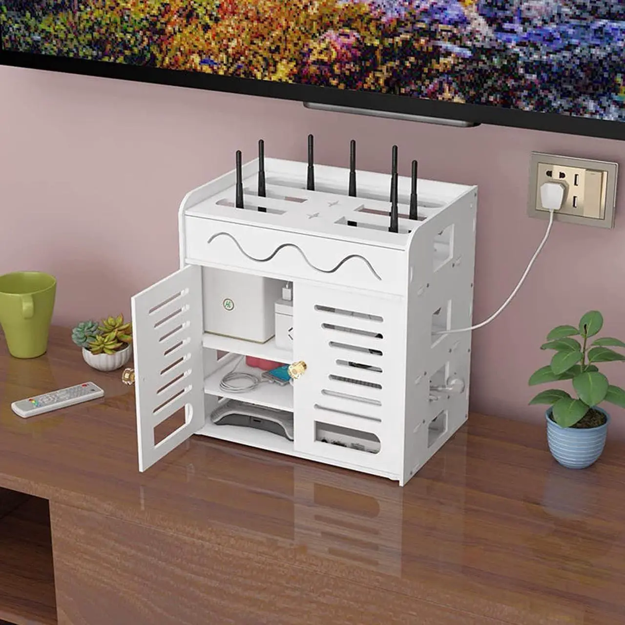 Alt view image 5 of 6 - Wireless Router Storage Box Router Fences Floating TV Stand, WiFi Router Storage Box, Wall Hanging Router Decorative Box, Cable Organizer Power Charger Storage Organizer Hide Box