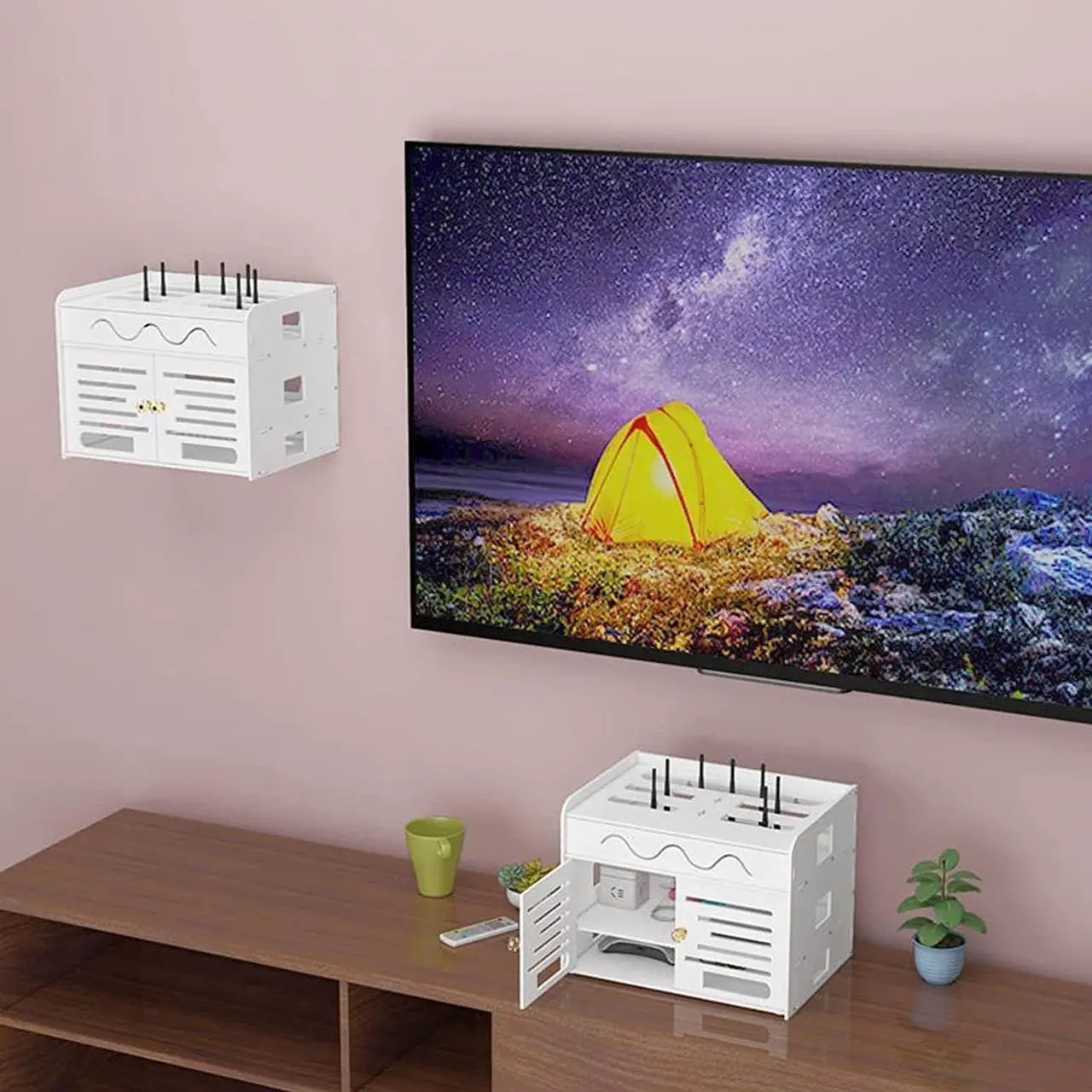Alt view image 6 of 6 - Wireless Router Storage Box Router Fences Floating TV Stand, WiFi Router Storage Box, Wall Hanging Router Decorative Box, Cable Organizer Power Charger Storage Organizer Hide Box