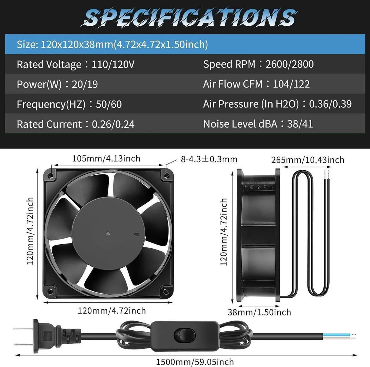 Alt view image 6 of 7 - AC Axial 110V 120V 120mm x 38mm Dual Ball Big Airflow Fan for DIY Ventilation Exhaust, Chicken Coop, Kitchen, Window Exhaust, Greenhouse, Small Box Cooling