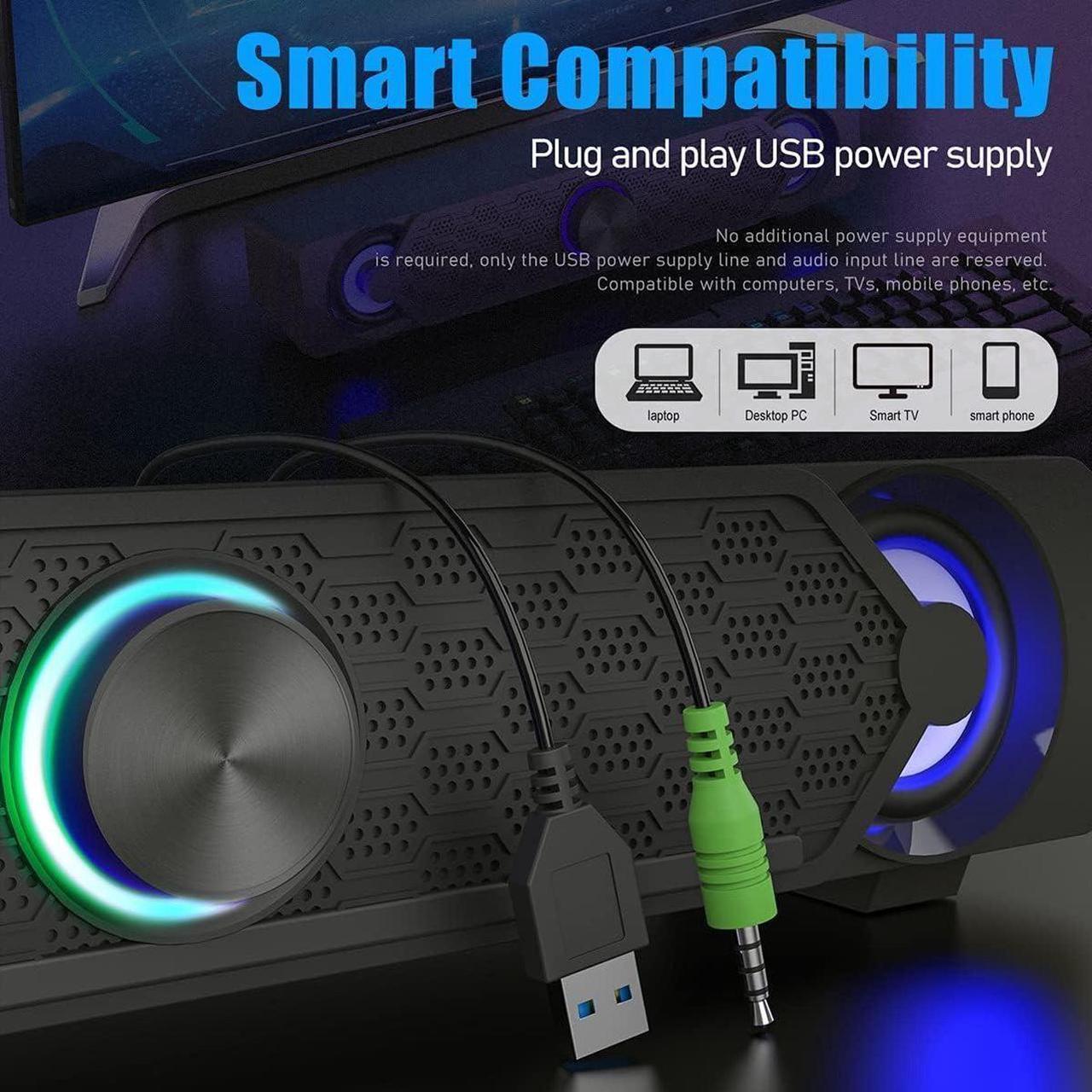 Alt view image 3 of 6 - Smalody Small Computer Speakers for Desktop Gaming Monitor, PC Speakers for Desktop Monitor, Computer Speaker Wired USB Powered, Mini Soundbar with Cool Led Light Effect