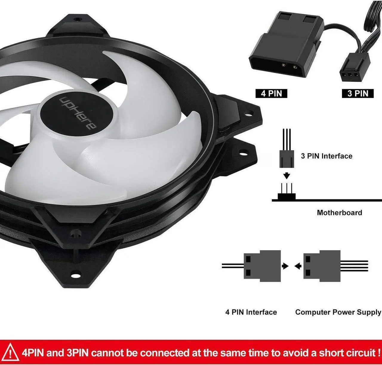 Alt view image 4 of 7 - upHere Long Life 120mm 3-Pin High Airflow Quiet Edition Rainbow LED Case Fan for PC Cases, CPU Coolers, and Radiators 3-Pack,(PF120CF3-3)
