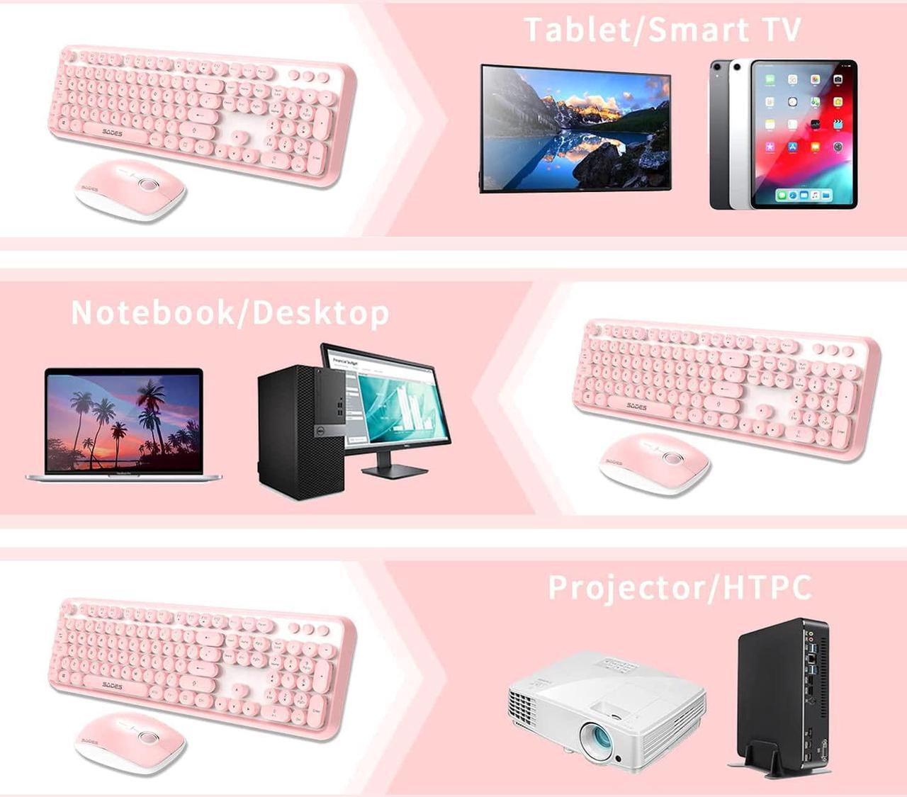 Alt view image 2 of 7 - Pink Wireless Keyboard Mouse Combo, 2.4GHz Retro Typewriter, Letton Full Size Office Computer Keyboard and Cute Mouse with 3 DPI for Mac PC Desktop Laptop