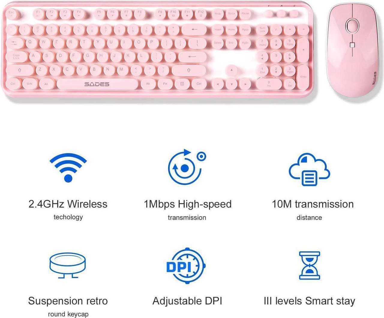 Alt view image 4 of 7 - Pink Wireless Keyboard Mouse Combo, 2.4GHz Retro Typewriter, Letton Full Size Office Computer Keyboard and Cute Mouse with 3 DPI for Mac PC Desktop Laptop