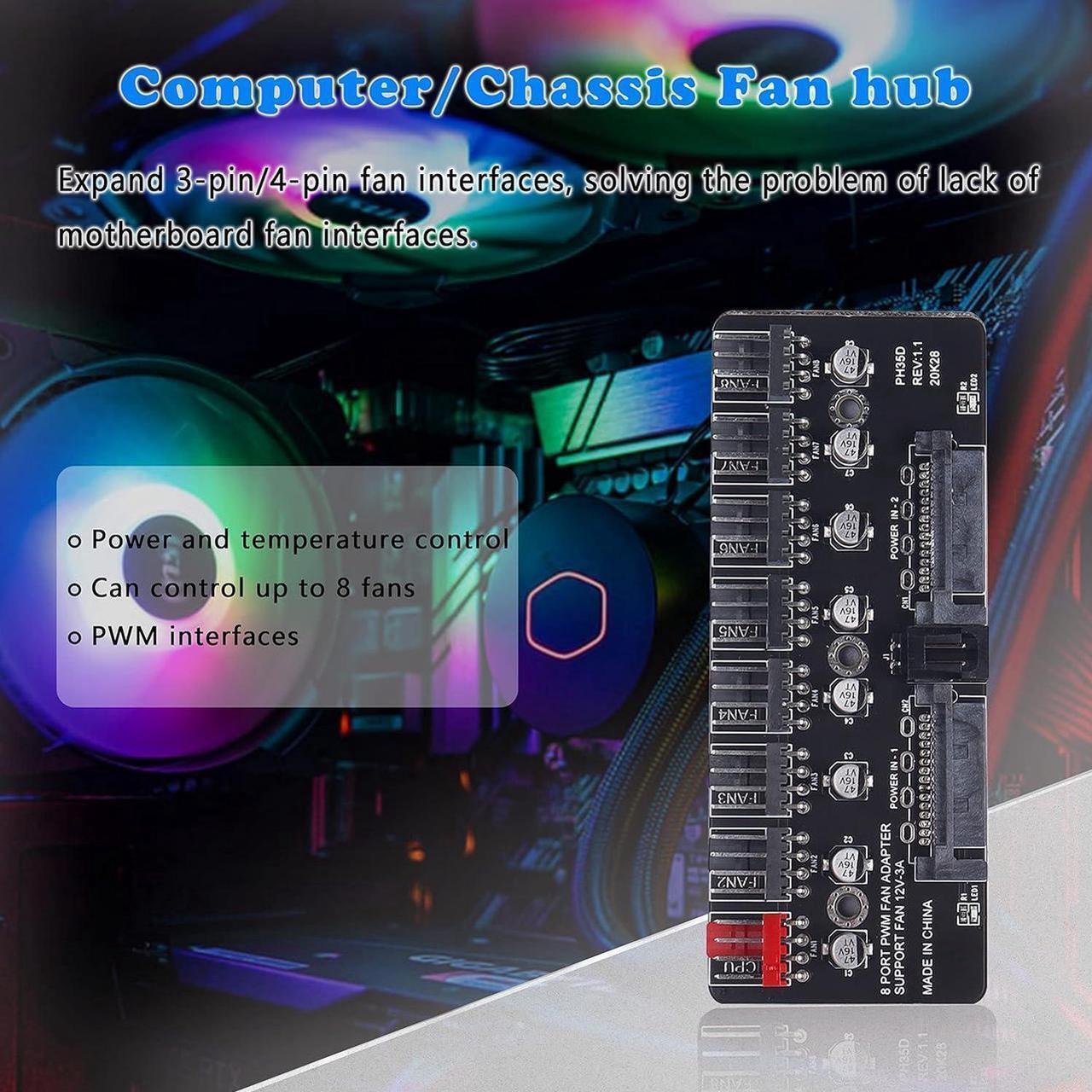 Alt view image 4 of 7 - MEIRIYFA Chassis Fan Hub 3 Pin 4 Pin PWM PC CPU Cooling Fan Hub, 8 Way 12 V Cooling Fan Splitter Controller Hub - SATA Interface Power Supply