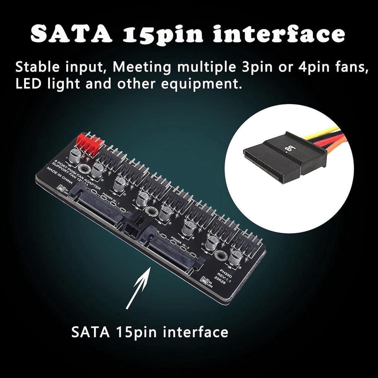 Alt view image 7 of 7 - MEIRIYFA Chassis Fan Hub 3 Pin 4 Pin PWM PC CPU Cooling Fan Hub, 8 Way 12 V Cooling Fan Splitter Controller Hub - SATA Interface Power Supply