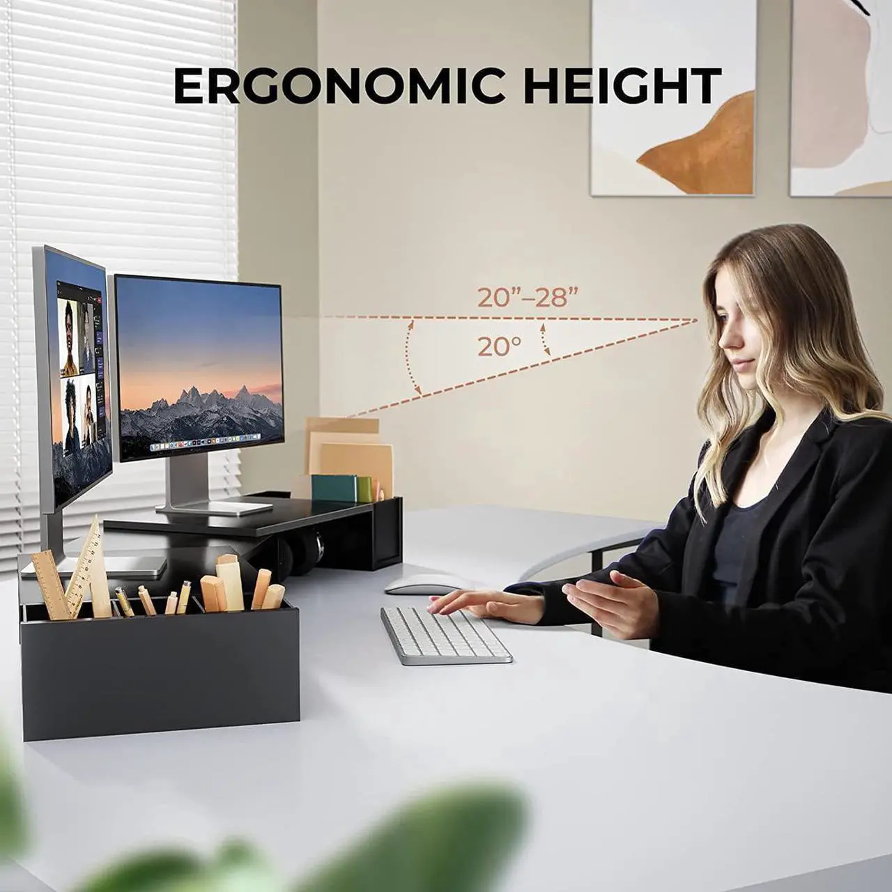 Alt view image 2 of 7 - LORYERGO Dual Monitor Stand, Laptop Stand with Storage Accessories Slots, Length and Angle Adjustable, Ergonomic Viewing Height