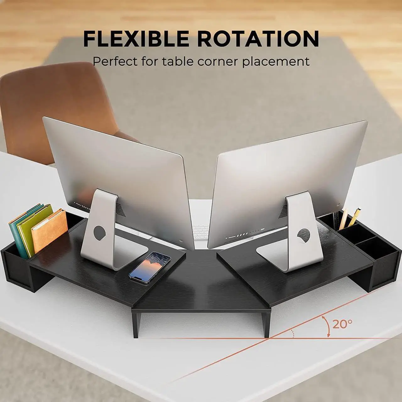 Alt view image 6 of 7 - LORYERGO Dual Monitor Stand, Laptop Stand with Storage Accessories Slots, Length and Angle Adjustable, Ergonomic Viewing Height