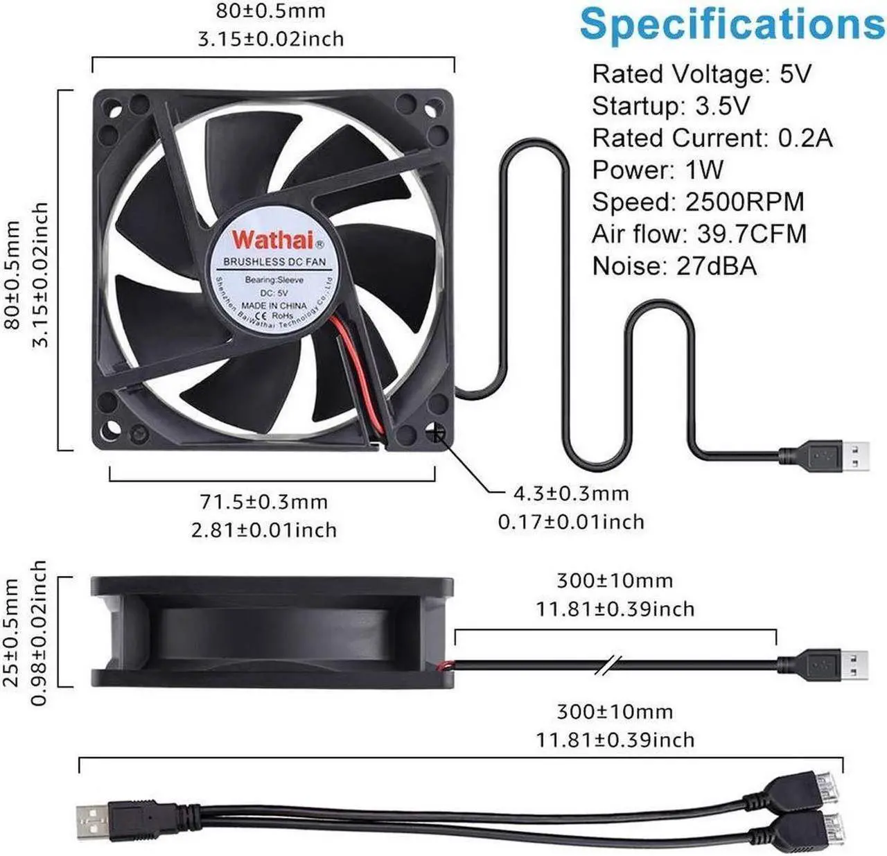 Alt view image 2 of 7 - Wathai 80mm x 80mm x 25mm USB Fan 5V for Computer Laptop Router DVR Xbox Cooling 2 Packs