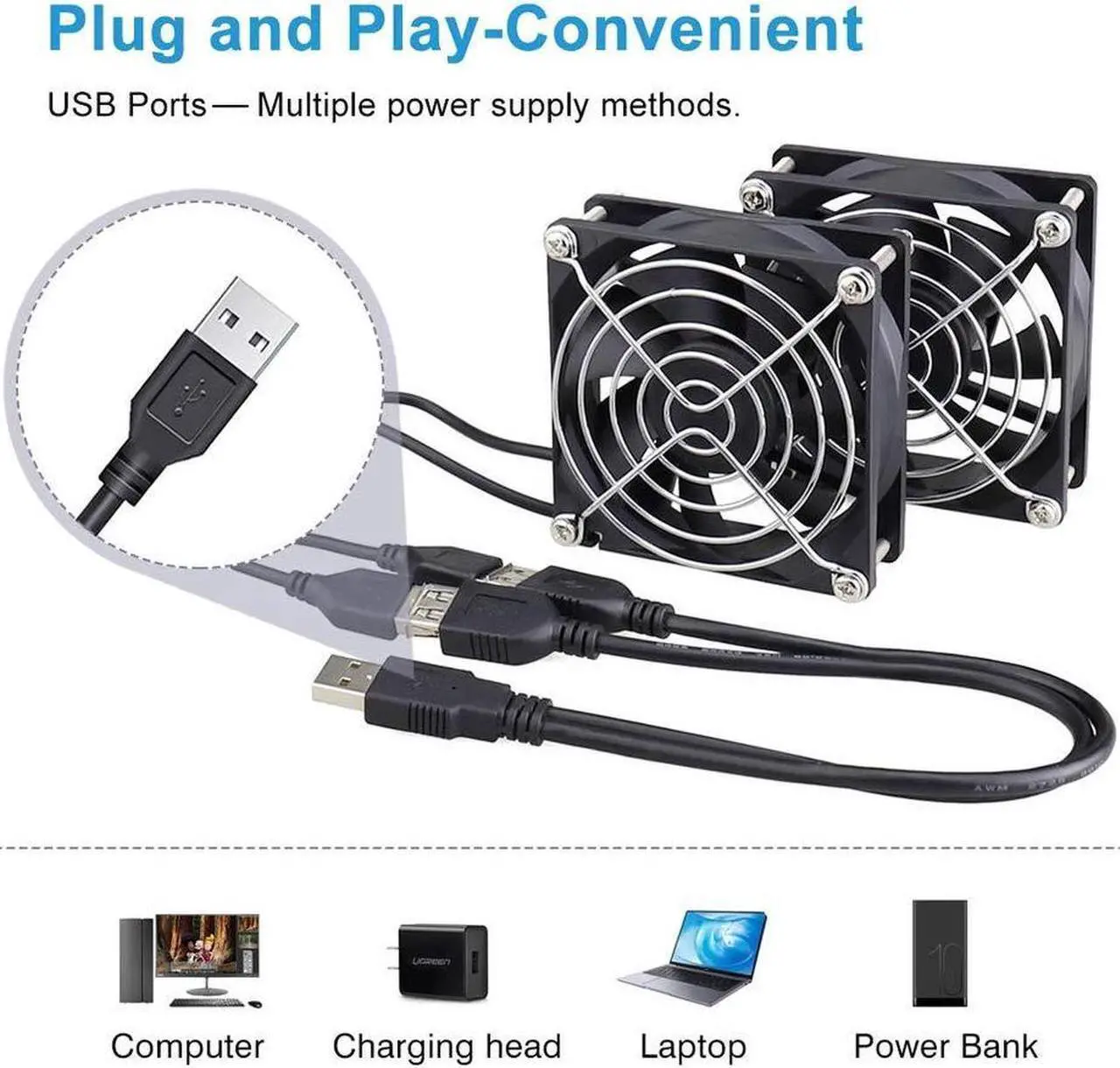 Alt view image 3 of 7 - Wathai 80mm x 80mm x 25mm USB Fan 5V for Computer Laptop Router DVR Xbox Cooling 2 Packs
