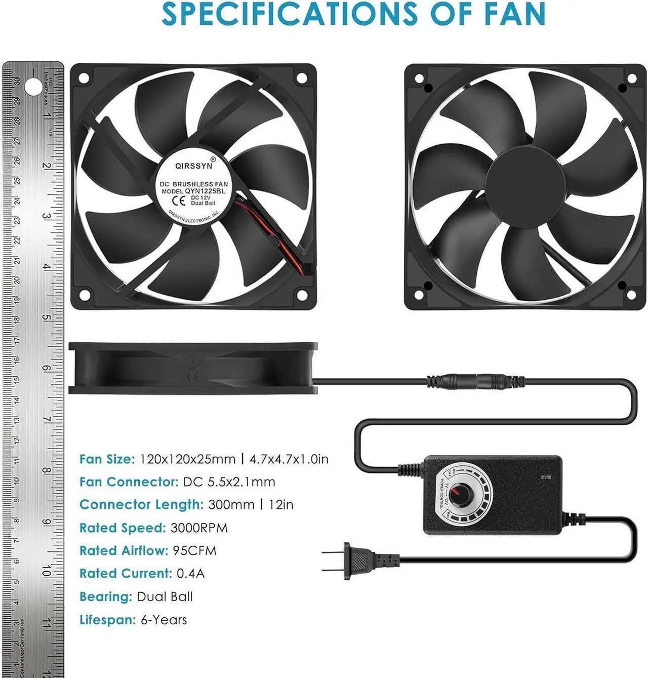 Alt view image 3 of 6 - 120mm AC Powered Fan with Vriable Speed Controller, AC 110V to 220V Vriable Speed Fan for Receiver Amplifier DVR Playstation Component Cooling