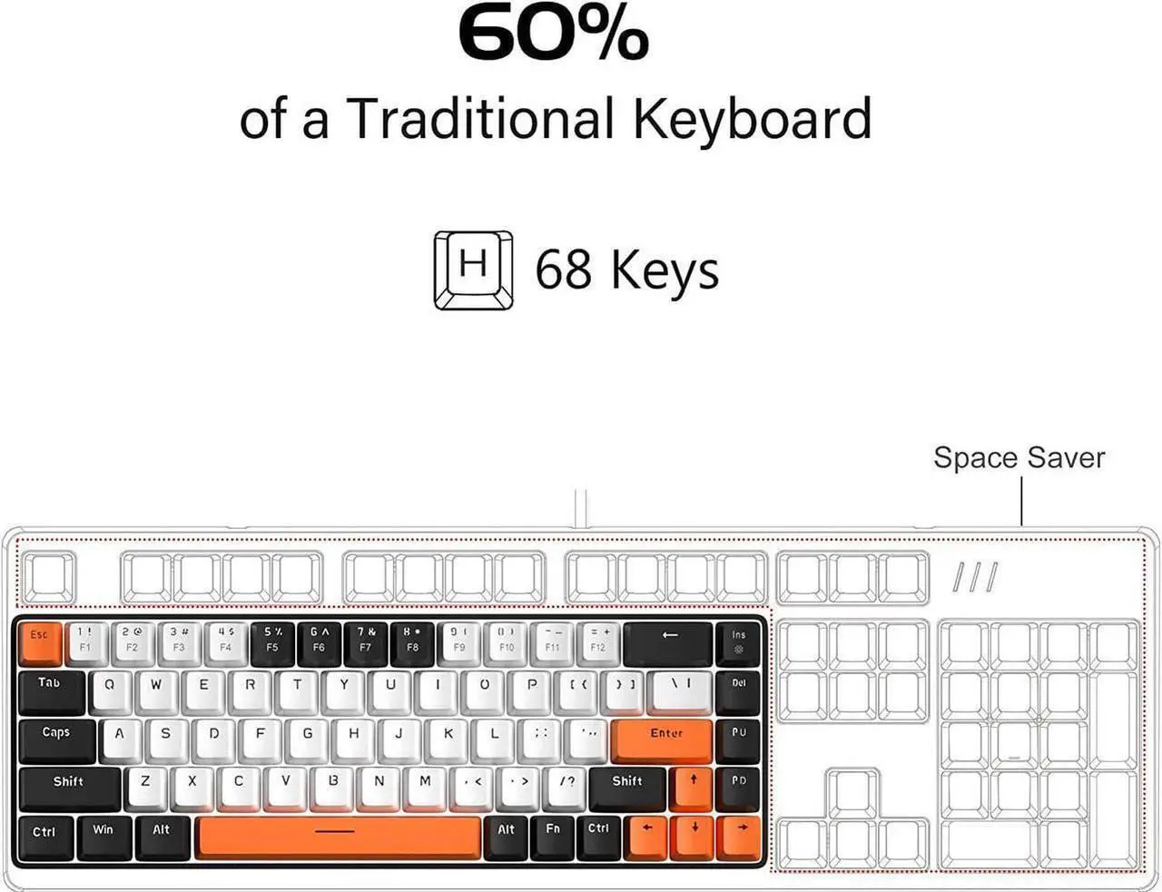 Alt view image 4 of 7 - MageGee Portable 60% Mechanical Gaming Keyboard, MK-Box LED Backlit Compact 68 Keys Mini Wired Office Keyboard with Red Switch for Windows Laptop PC Mac - White/Black
